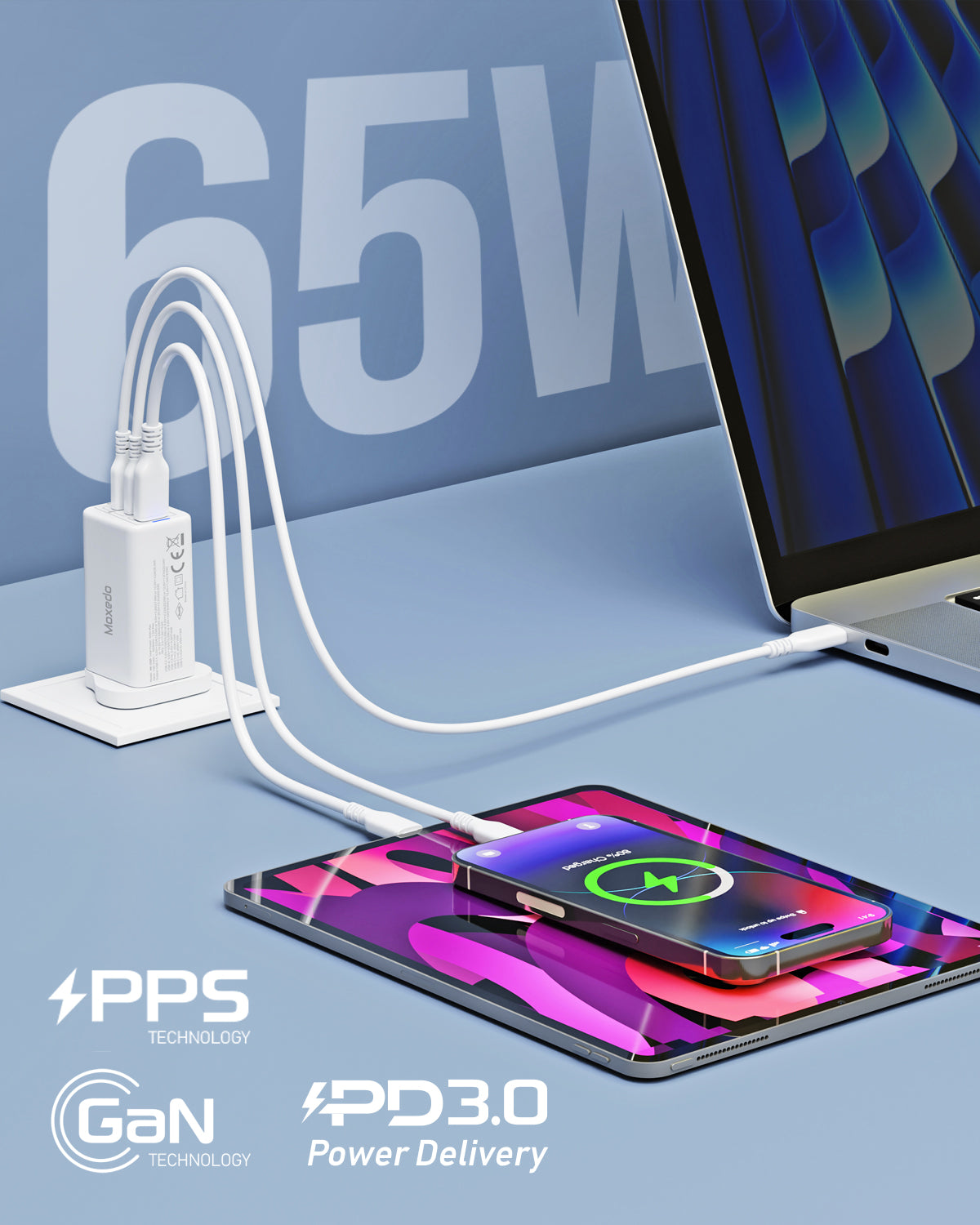 شاحن Moxedo Volton Pro PD GaN بقوة 65 وات PD 3.0 مع محول منفذ USB-C/1 USB-A مزدوج لشاحن الحائط لأجهزة iPhone وSamsung وHuawei والمزيد 