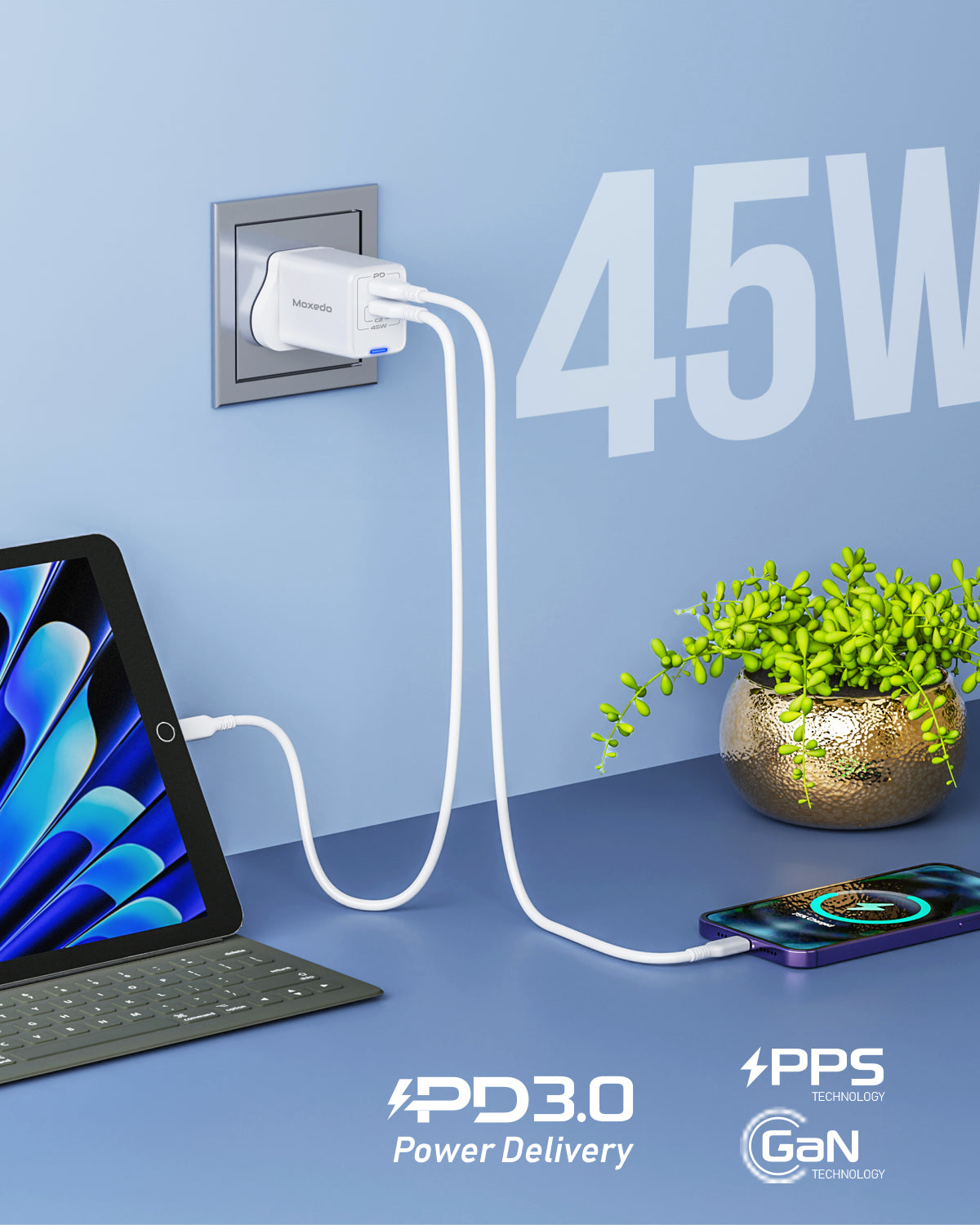 شاحن Moxedo Volton Pro PD GaN بقوة 45 وات PD 3.0 مع محول منفذي USB-C لشاحن الحائط لأجهزة iPhone وSamsung وHuawei والمزيد 