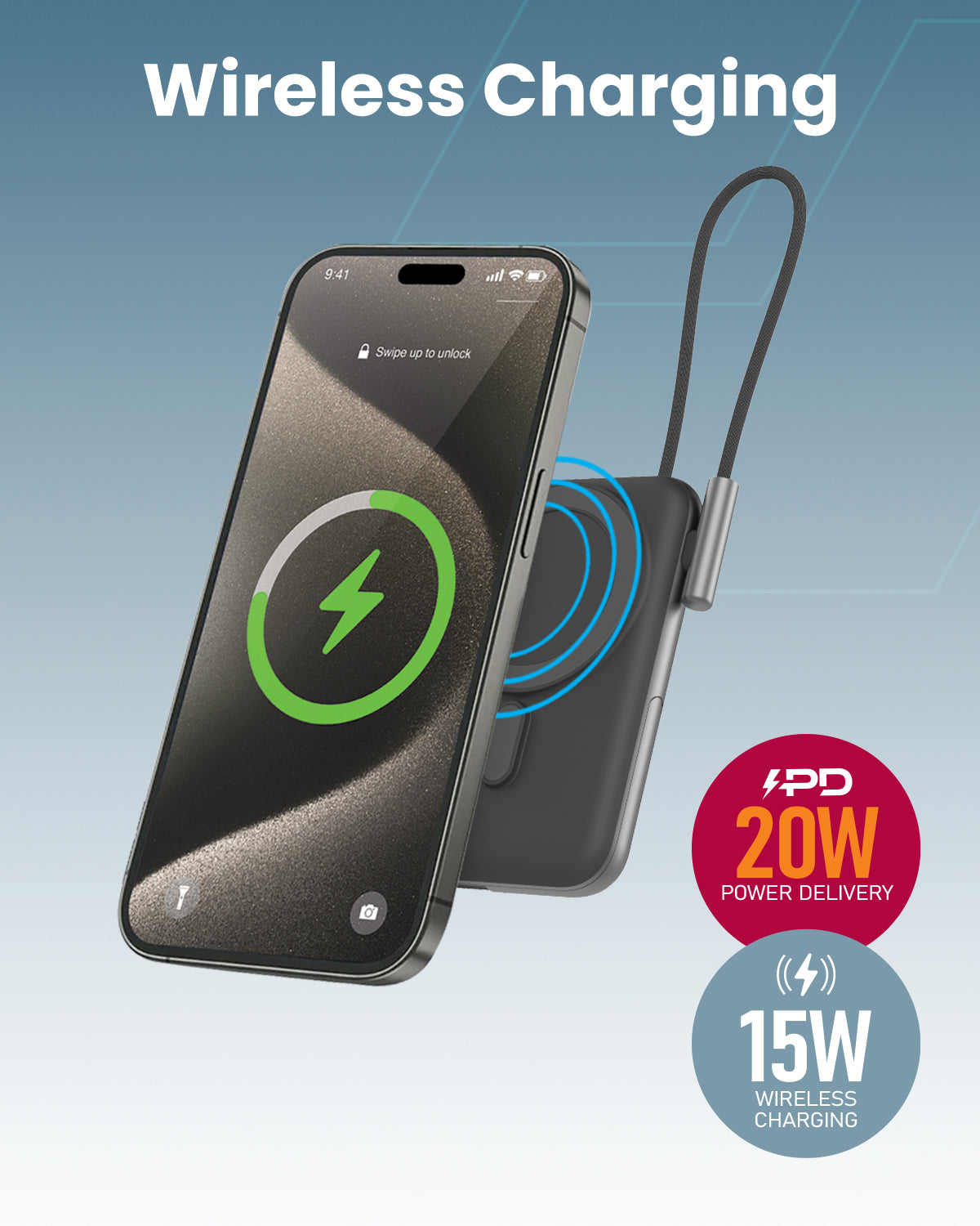 Moxedo Porta-Go Wireless Charging Power Bank 10,000 mAh with Built-in USB-C Cable and Phone Stand