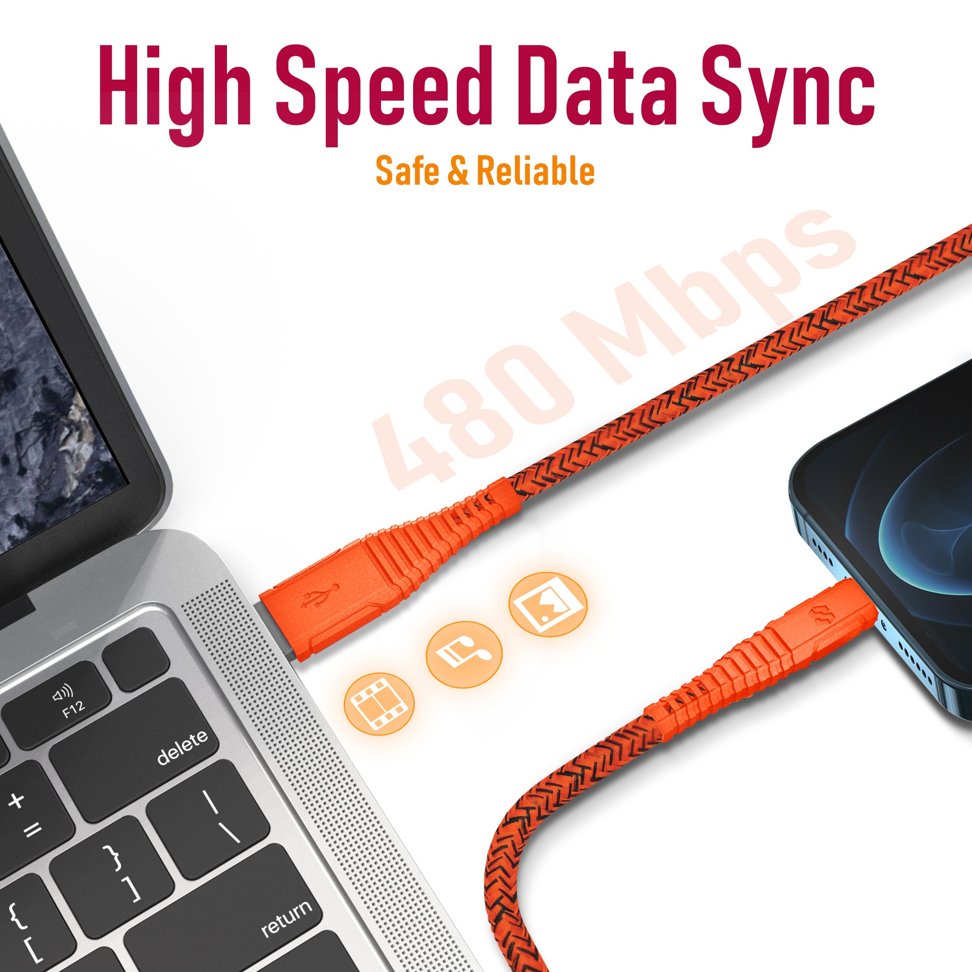 Moxedo Velox Nylon USB-A To Lightning Fast Charge & Data Sync Braided Cable 1.2m - Orange