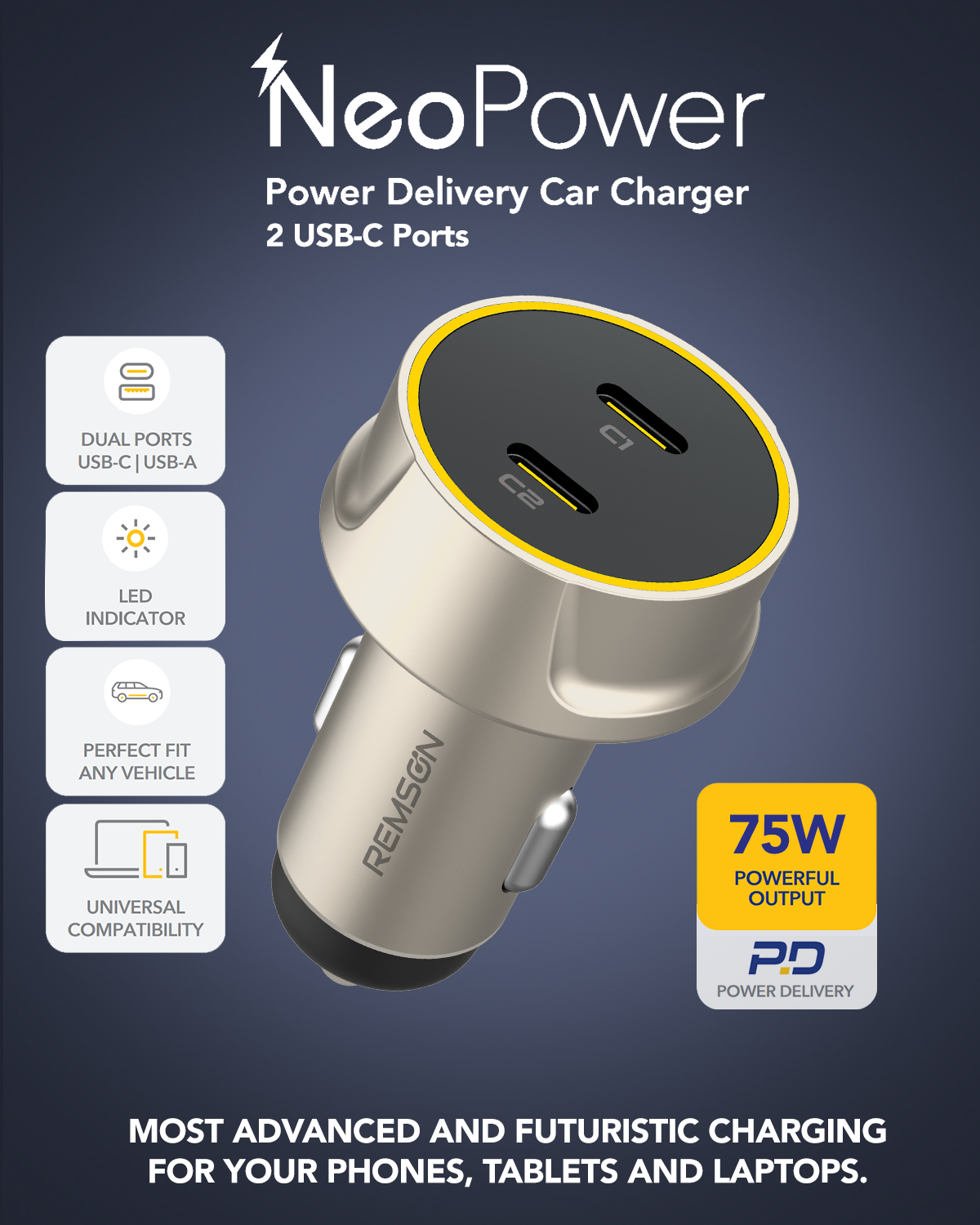 Remson Neo Power Car Charger PD 75W Dual USB-C Ports Compact Metallic Design Compatible For iPhone 16 Pro/ Pro Max/16/15/14/13/12, Galaxy, S24/S23/S22/S21, iPad Pro 6/Air 5