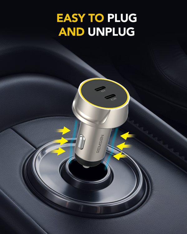 Remson Neo Power Car Charger PD 75W Dual USB-C Ports Compact Metallic Design Compatible For iPhone 16 Pro/ Pro Max/16/15/14/13/12, Galaxy, S24/S23/S22/S21, iPad Pro 6/Air 5