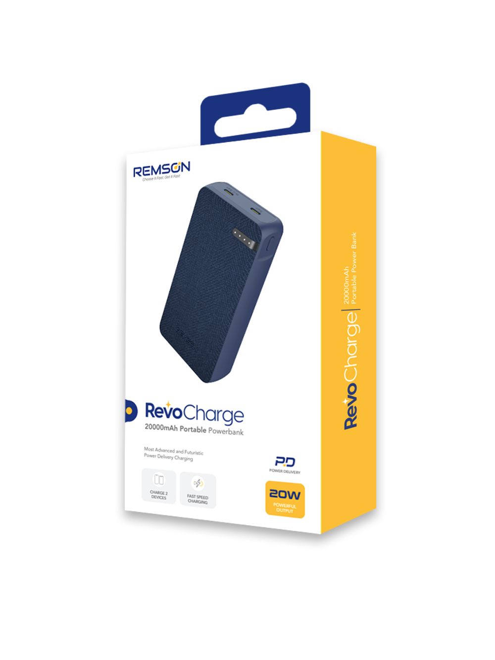 Remson Revo Charge 20000mAh Portable Power Bank 20W Power Delivery Dual USB-C Output with Leather Exterior Design Compatible for iPhone Tablet Samsung - Blue