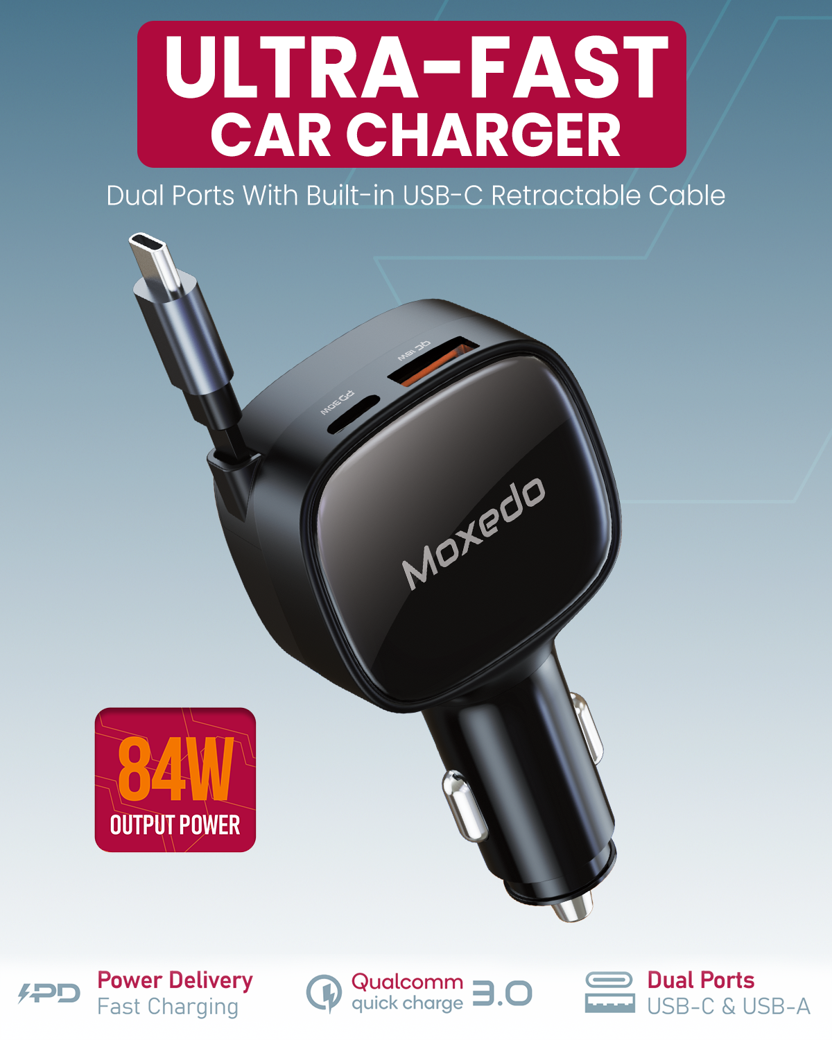 Moxedo 84W Car Charger Fast Charging with Retractable USB-C Cable & Dual Ports