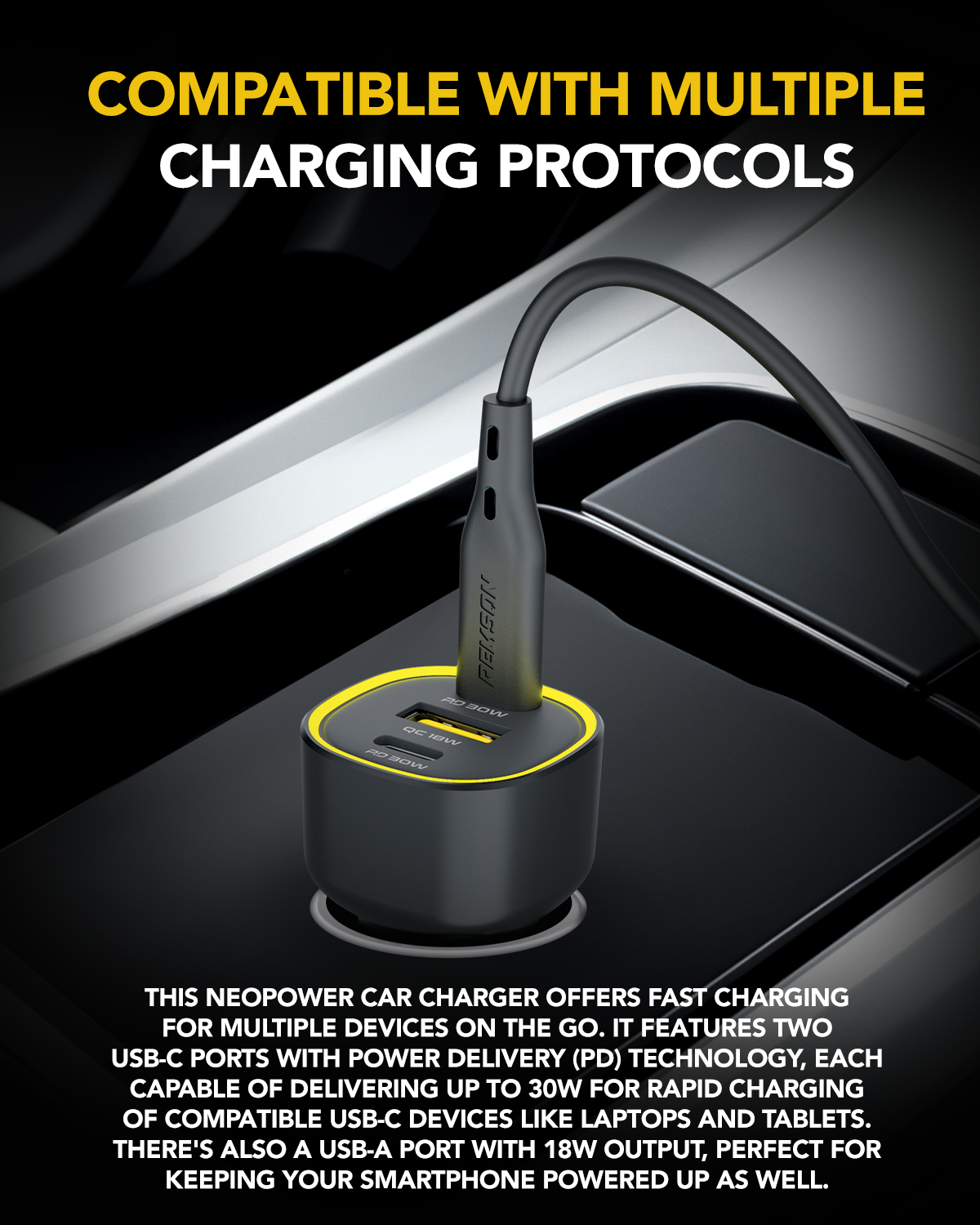 Remson Neo Power Car Charger 60W Power Delivery 2 PD USB-C / 1 QC USB-A Compatible with iPhone 16 Pro Max , MacBook Pro/Air, Samsung S24 Ultra, Steam Deck , etc