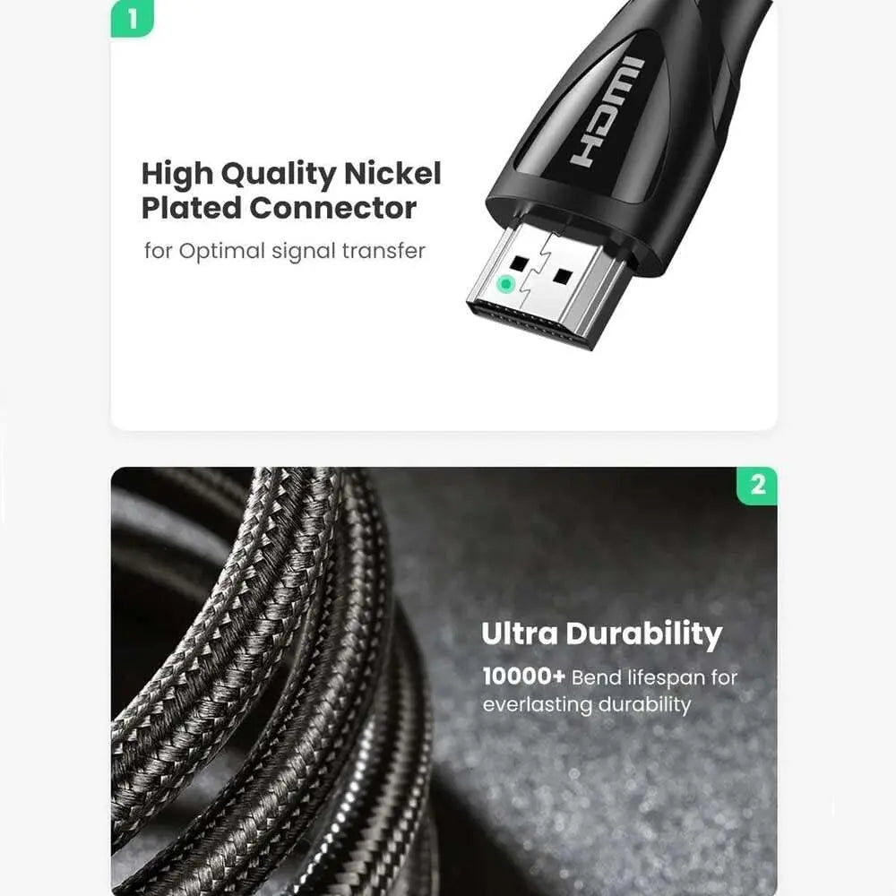 UGREEN 8K 60Hz FUHD HDMI 2.1 Male to Male Cotton-Braided Video Cable, 48Gbps High Speed Supports 3D Display 1.5m