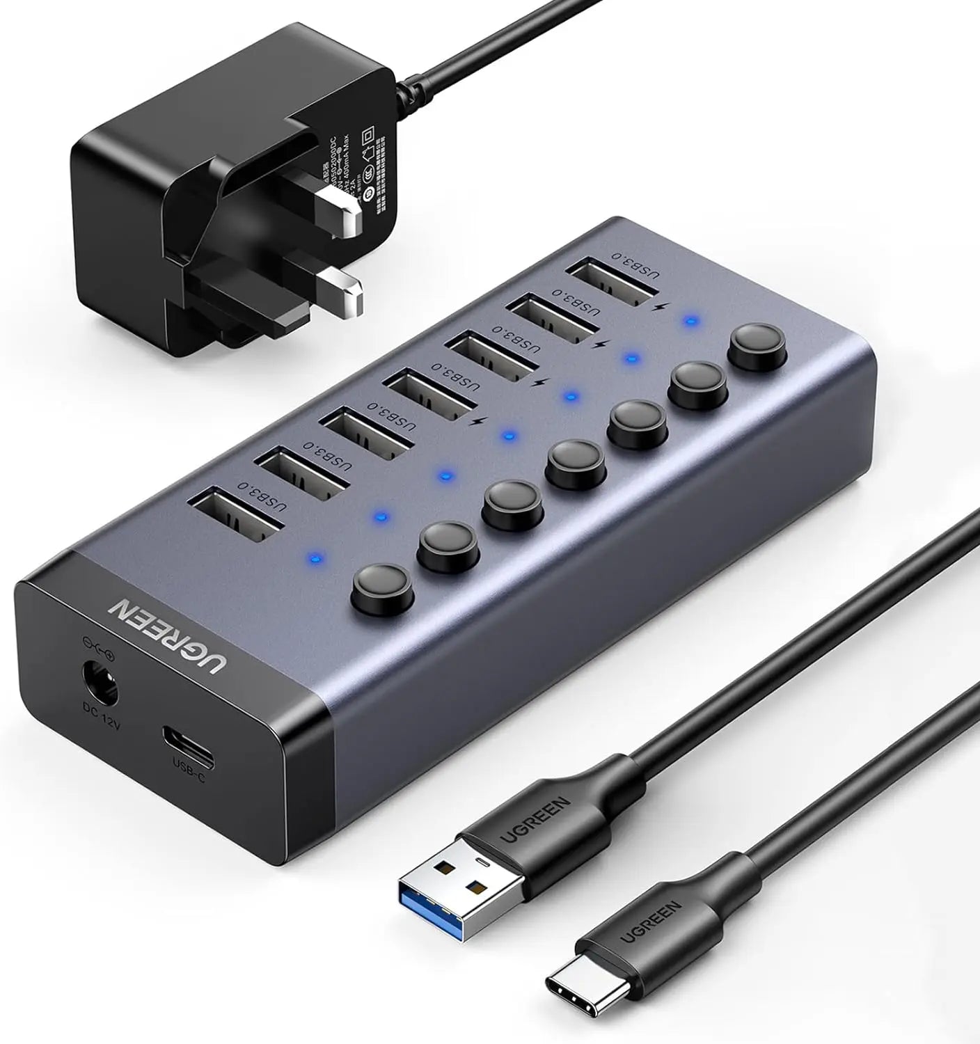 UGREEN 7 Port USB-A 3.0 Hub 12V2A Power Supply USB-C Input (UK) 5Gbps