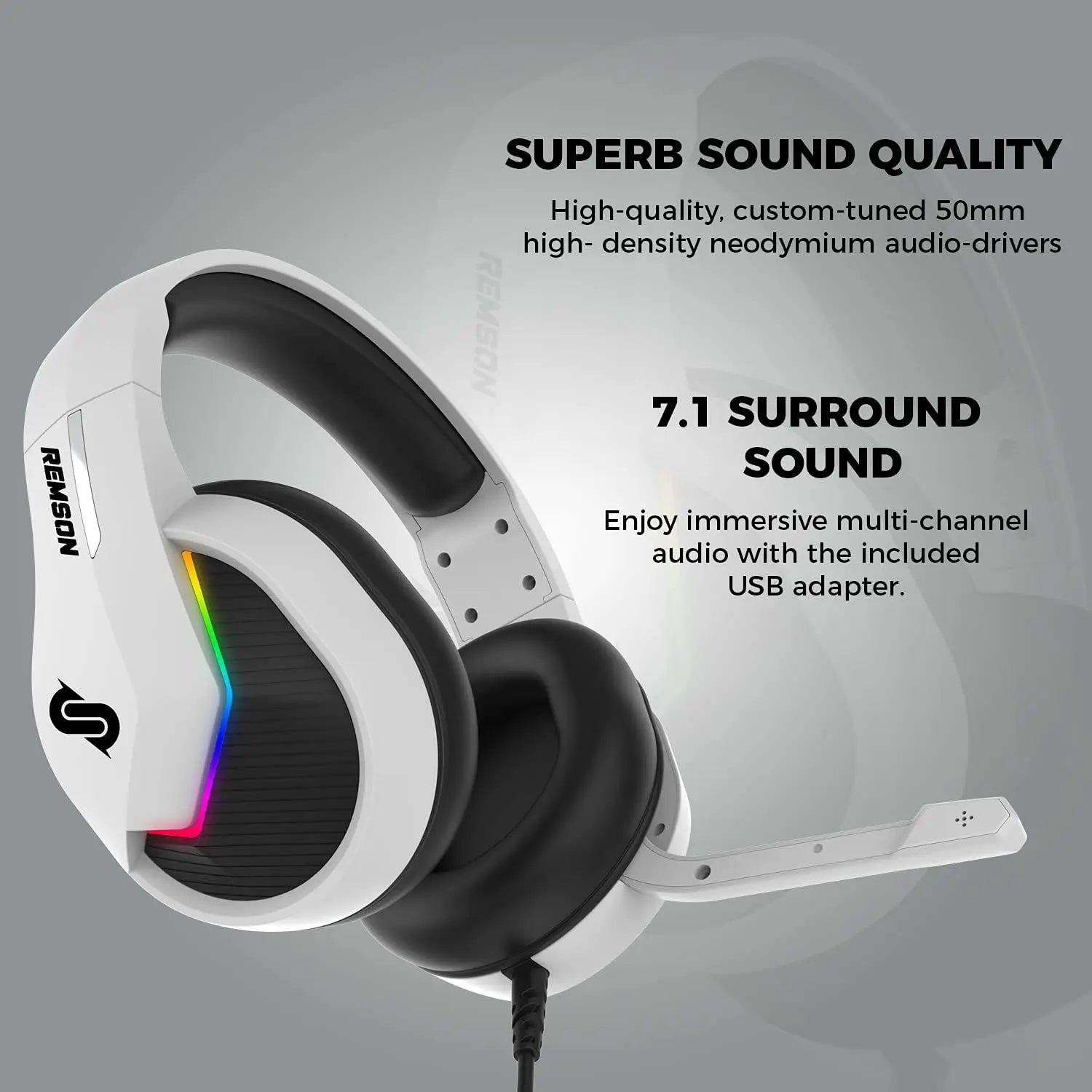 Remson Kyma 7.1 LED RGB Gaming Headset For PS5, Gaming Consoles, PC's, Laptops, Mac Book, Nintendo and Xbox - Wired USB Over Ear Headset with volume control - Noise Cancelling with Mic Remson