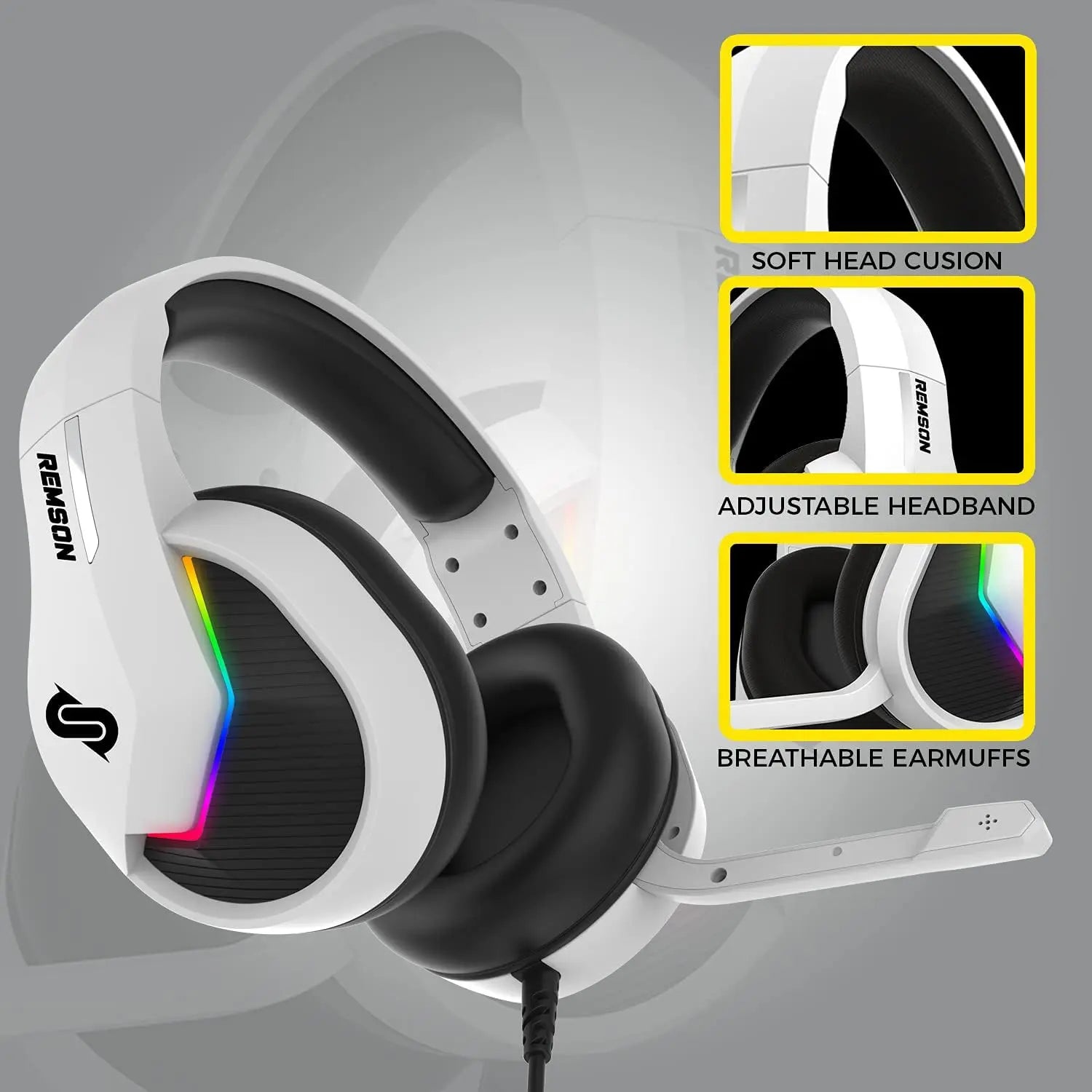 Remson Kyma 7.1 LED RGB Gaming Headset For PS5, Gaming Consoles, PC's, Laptops, Mac Book, Nintendo and Xbox - Wired USB Over Ear Headset with volume control - Noise Cancelling with Mic Remson