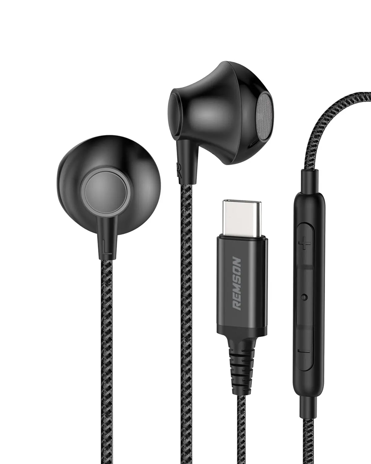 Remson Wired Stereo Earphones USB Type-C Connector Headphones Earphones Earbuds Hi-Fi In-Line Remote - Black