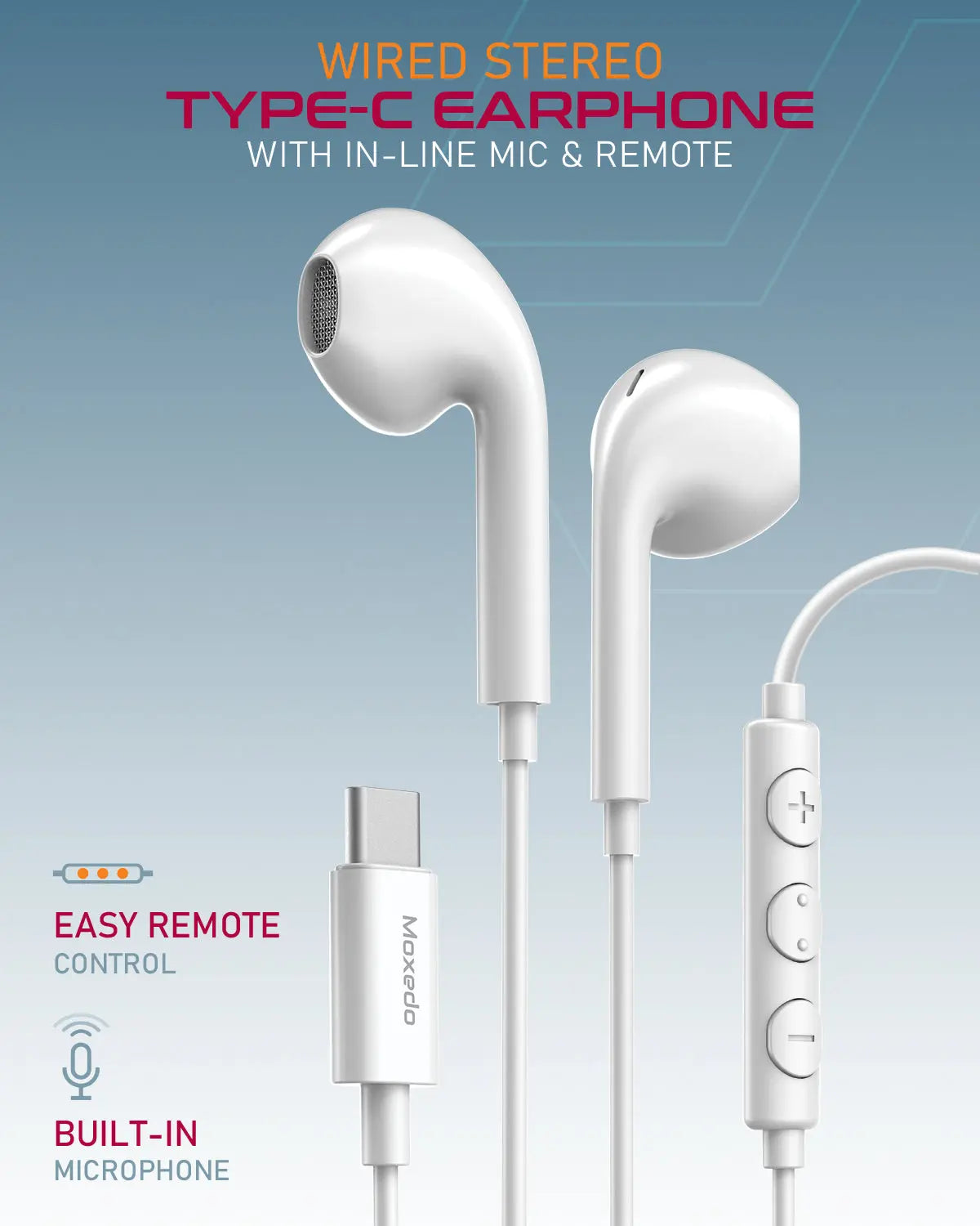 Moxedo Wired Stereo Earphone USB Type-C Connector Earphone with In-Line Remote, Built-in Microphone - White