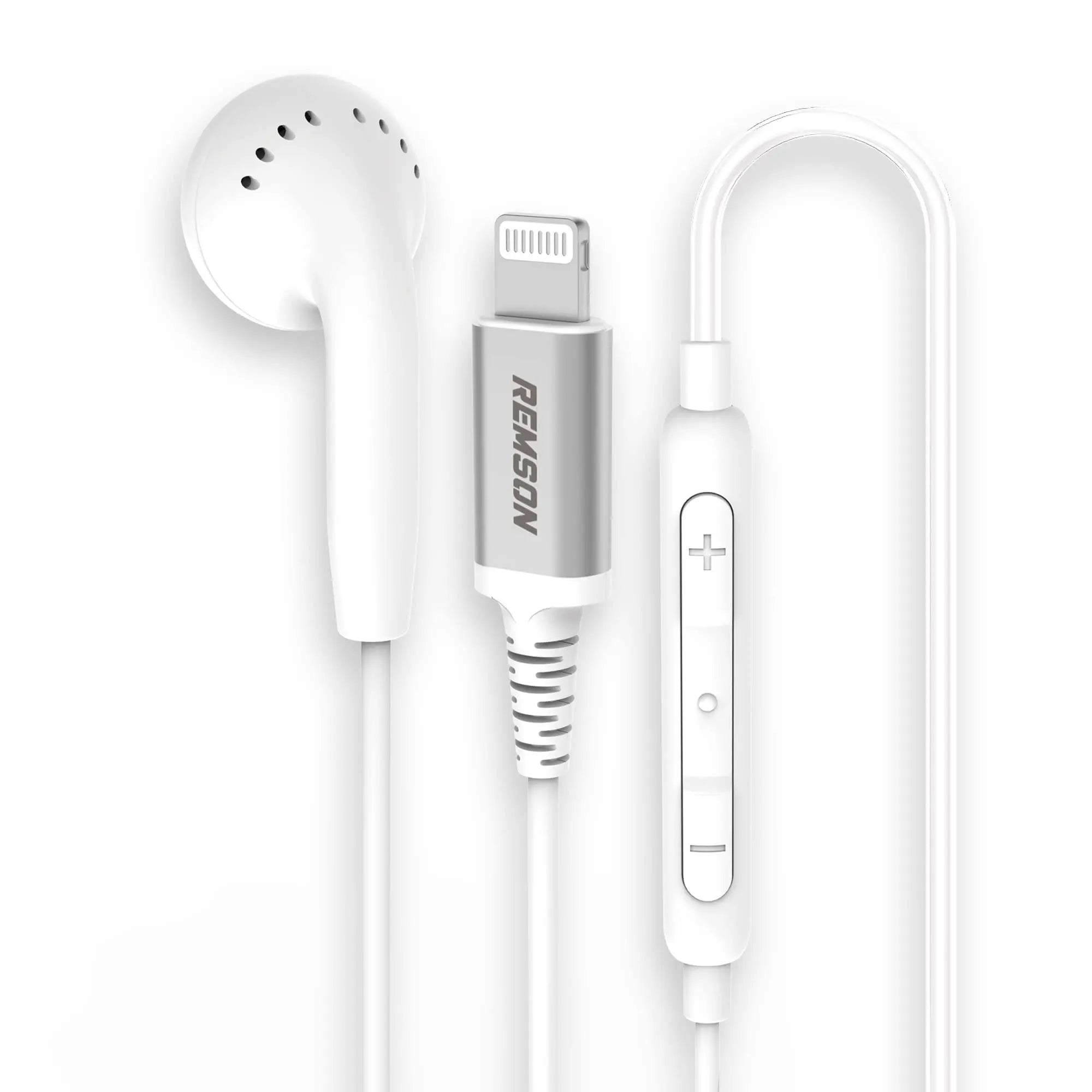 [Apple MFi Certified] Remson Wired Mono Single MFi Lightning Connector Headphone/Earphone/Earbud with In-Line Remote - White