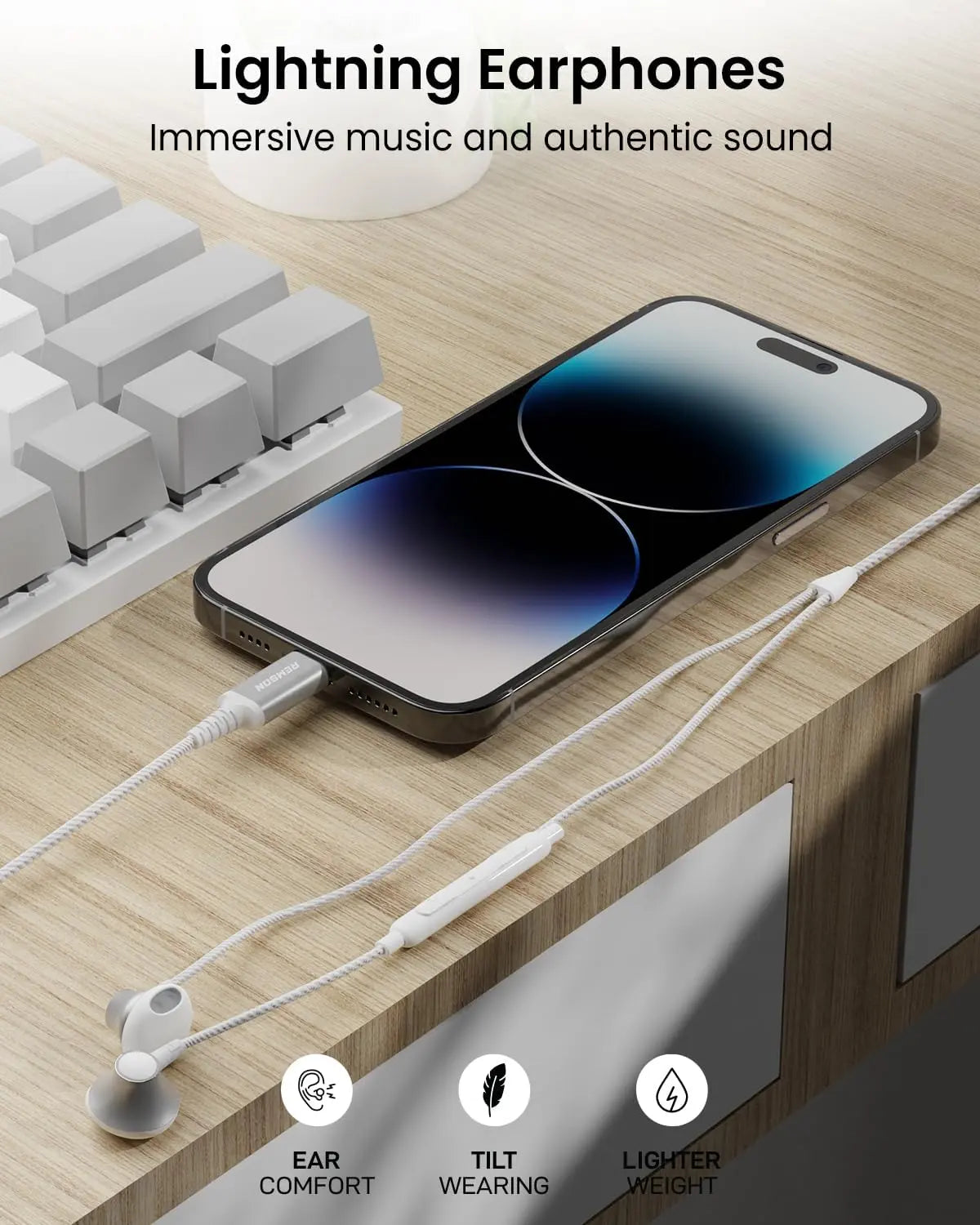 [Apple MFi Certified] Remson Wired Mono Stereo Earphone MFi Lightning Connector Headphone/Earphone/Earbud Hi-Fi with In-Line Remote - White