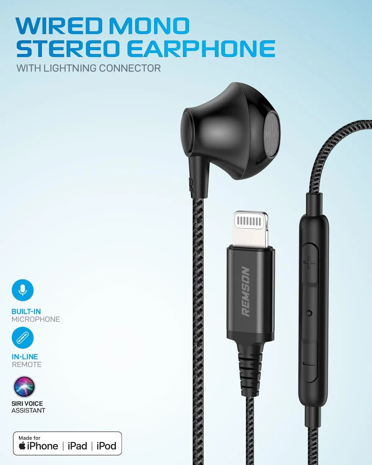 [Apple MFi Certified] Remson Wired Mono Stereo Earphone MFi Lightning Connector Headphone/Earphone/Earbud Hi-Fi with In-Line Remote - Black