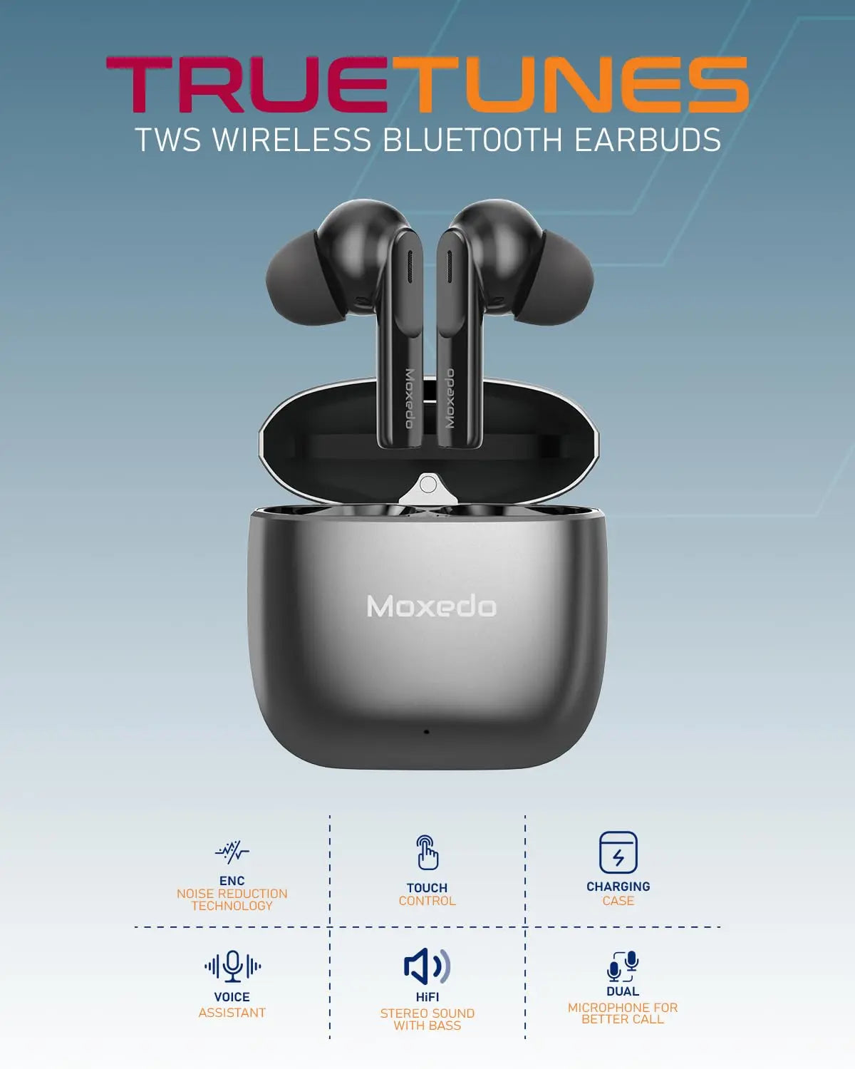 Moxedo True Tunes TWS Wireless Bluetooth Earbuds, Dual Microphone Clear Calls, IPX4 Sweat Resistance Easy Touch Control, ENC Noise Reduction Technology - Gray