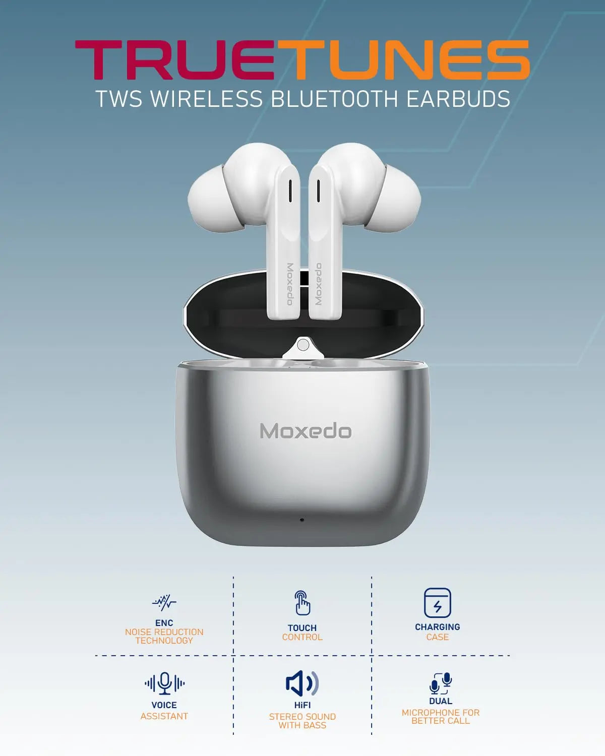 Moxedo True Tunes TWS Wireless Bluetooth Earbuds, Dual Microphone Clear Calls, IPX4 Sweat Resistance Easy Touch Control, ENC Noise Reduction Technology - Silver