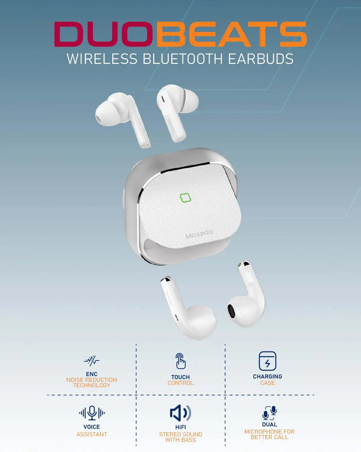 Moxedo Duo Beats 2 in 1 Wireless Bluetooth 5.3 Earbuds Dual Microphone Clear Calls, IPX4 Sweat Resistance Easy Touch Control, ENC Noise Reduction Technology - Silver