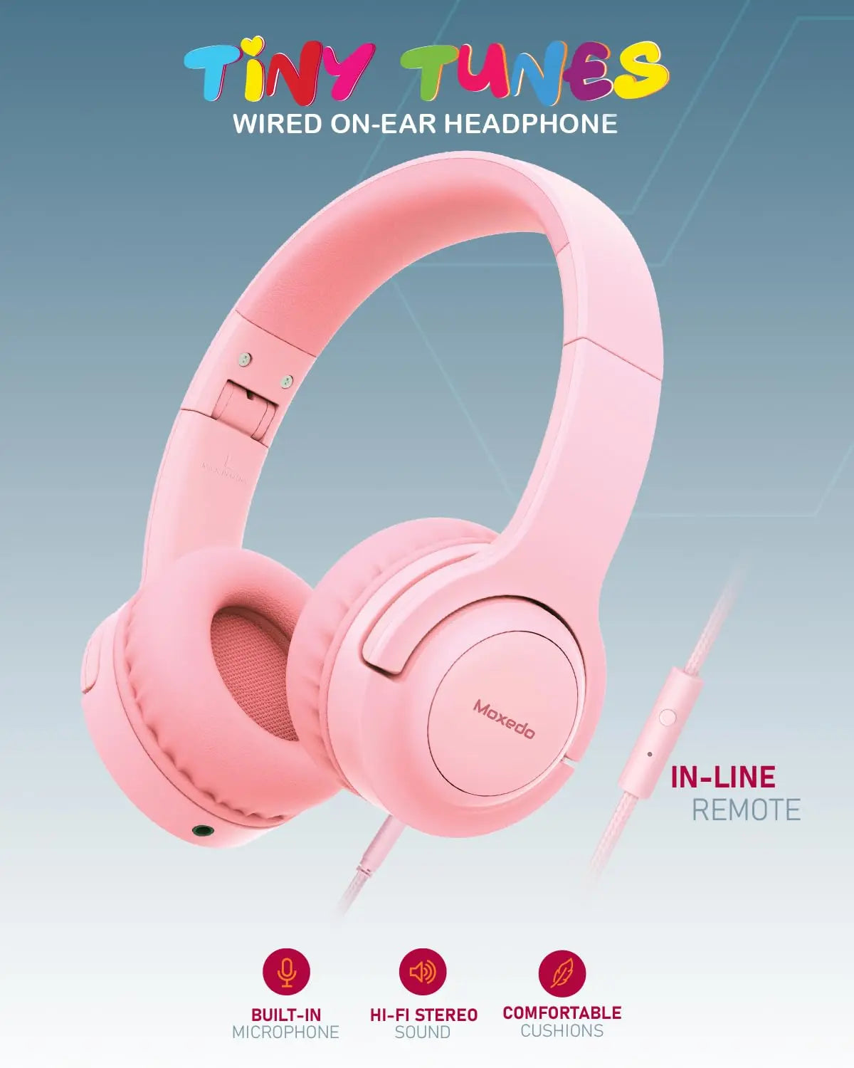 Moxedo Tiny Tunes Wired On-Ear Headphone with In-Line Remote Built-in Microphone Adjustable Foldable Design Stereo Headphone 93d - Pink