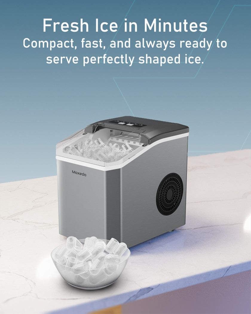 Moxedo Electric Countertop Automatic Ice Maker Machine, Portable Self-Cleaning with Hand Scoop and Basket, 9 Bullet Ice Cubes in 6 Mins, 12KG/24H, 2 Sizes of Ice, Ideal for Home, Kitchen, Office, Party, Bar