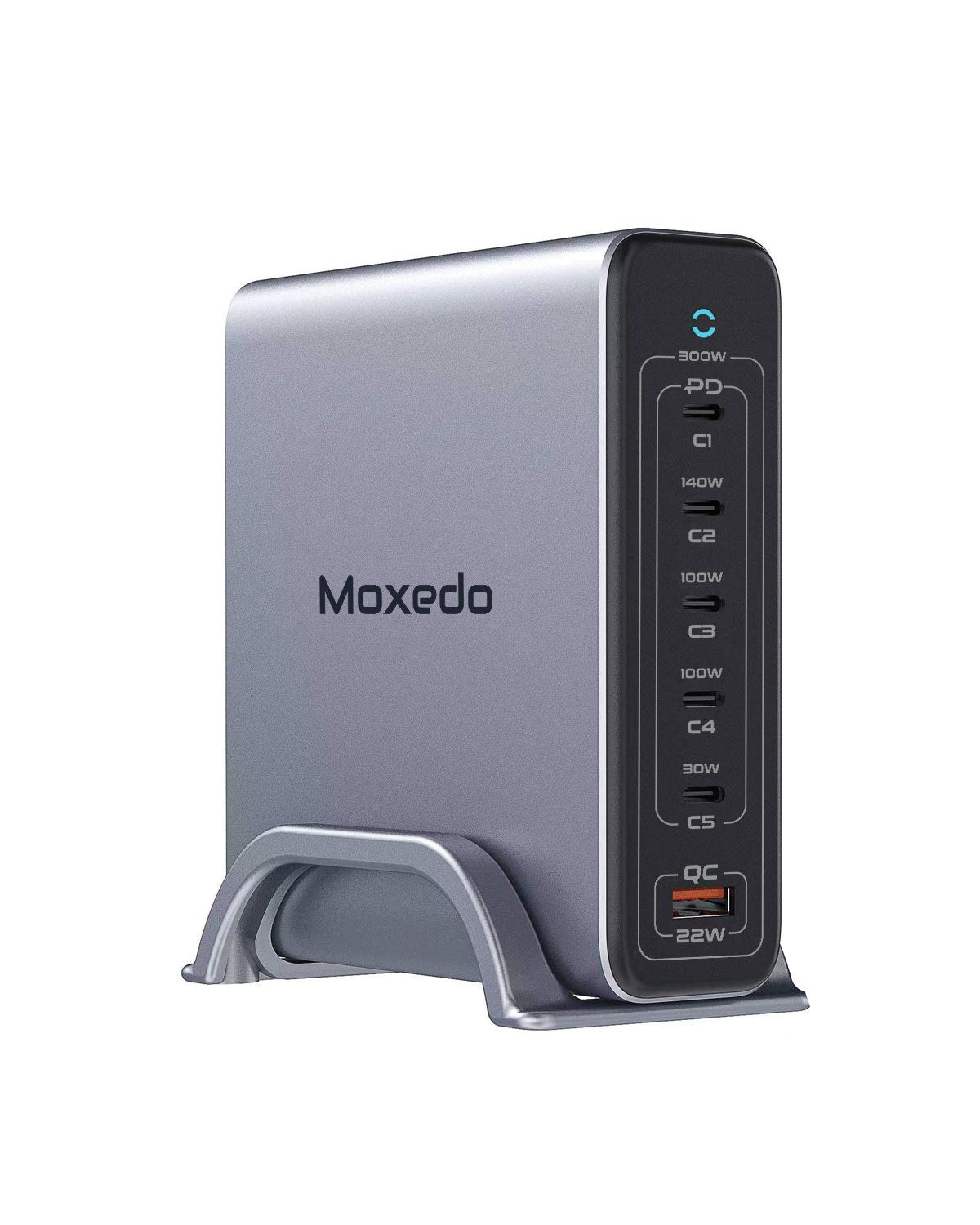 Moxedo Volton II PD GaN Desktop Charger 300W PD 3.1 PPS 5 USB-C and 1 USB-A Port with 1.2 Meter Power Cord and Detachable Metal Base.