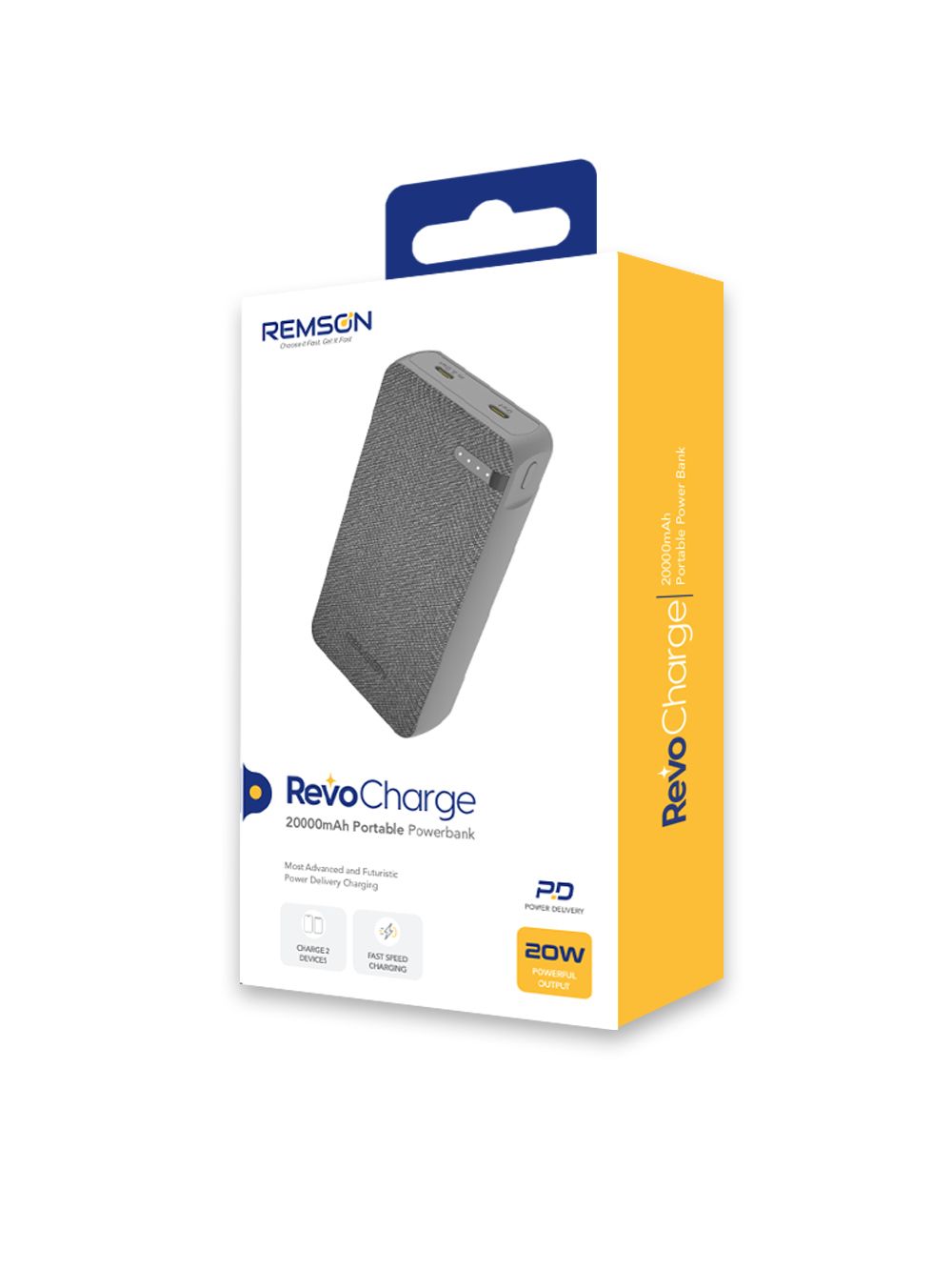 Remson Revo Charge 20000mAh Portable Power Bank 20W Power Delivery Dual USB-C Output with Leather Exterior Design Compatible for iPhone Tablet Samsung - Gray