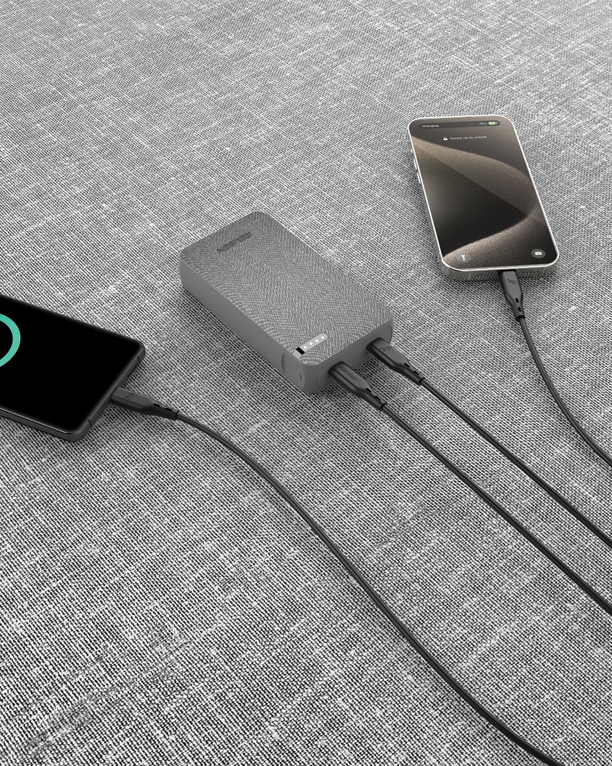 باور بانك محمول Remson Revo Charge بسعة 20000 مللي أمبير في الساعة، مزود بشاحن 20 وات ومنفذ USB-C مزدوج بتصميم خارجي من الجلد، متوافق مع أجهزة iPhone وiPad وSamsung - رمادي