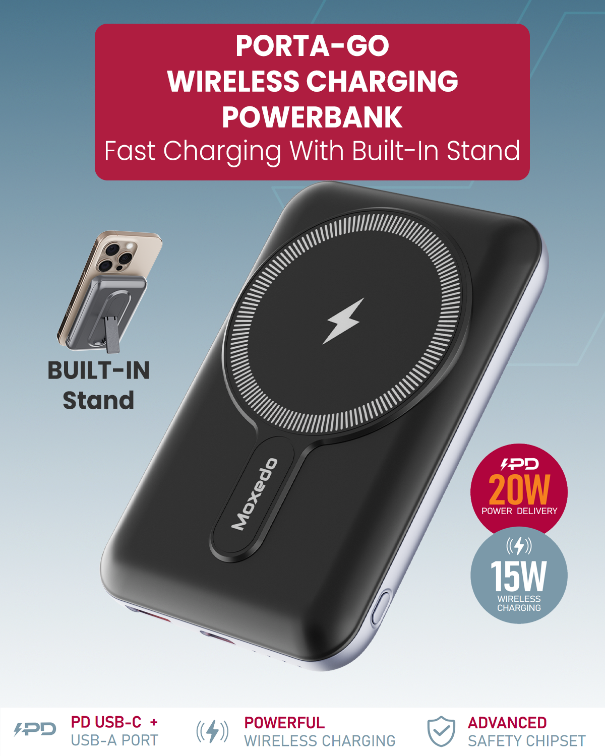 Moxedo Porta-Go 15W Wireless Charging Power Bank 10,000 mAh 20W PD USB-C / USB-A Port Portable Charger with Built-in Stand Compatible For iPhone 16/15/14/13/12 Series