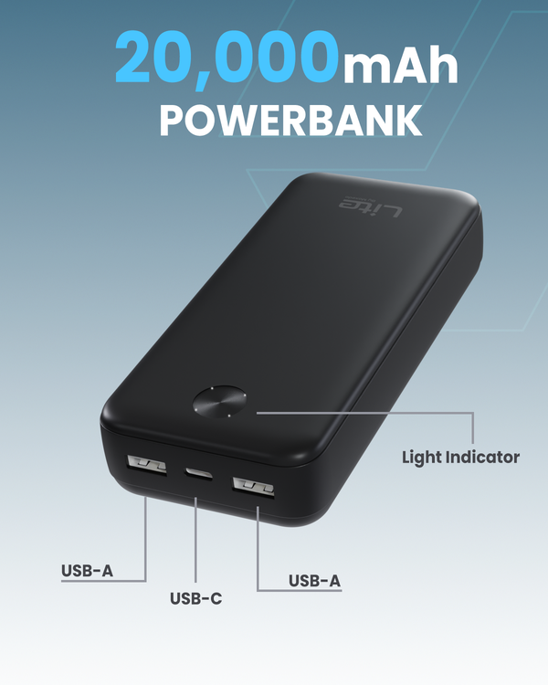 Moxedo Lite 20,000 mAh Power Bank Fast Charging with 2 USB-A Ports 1 USB-C Input Output Port Compatible for iPhone, Samsung, iPad, Android Smart Phone and Tablet