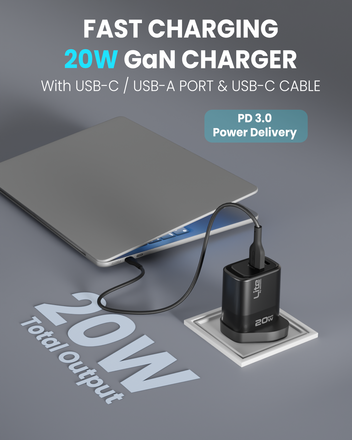 Moxedo Lite 20W GaN Charger USB-A/ USB-C Ports Fast Charging PD 3.0 with USB-C to USB-C 1.2 Meter Cable Compatible for iPhone Series, iPad Pro 12.9, 11, MacBook, Samsung Galaxy S24, Pixel and more.