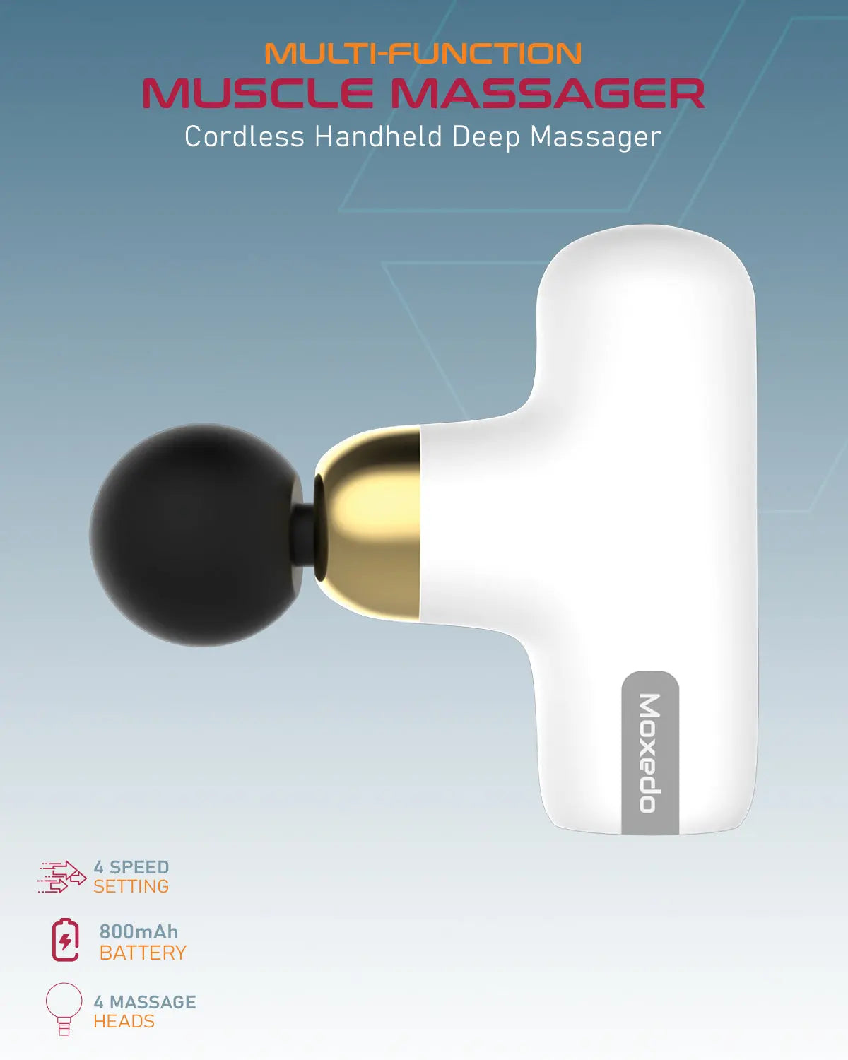 Moxedo Multi-function Muscle Massager with 4 Interchangeable Massage Heads (White)