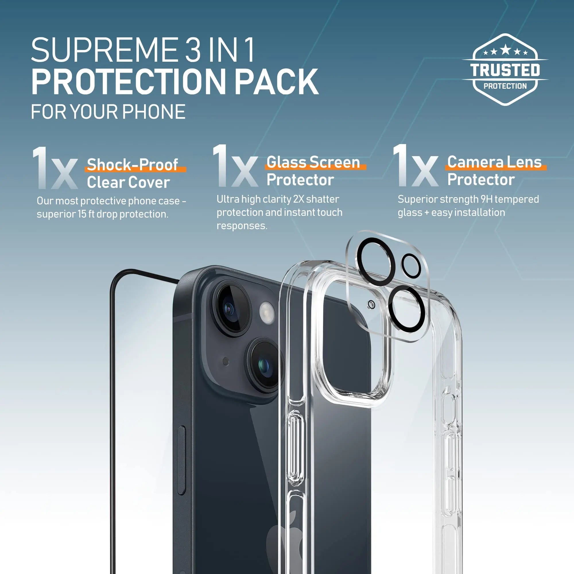 Moxedo 3 in 1 Protection Pack, Tempered Glass Screen Protector, Clear Case and Camera Lens Protector Compatible for iPhone 14 (Clear) Moxedo