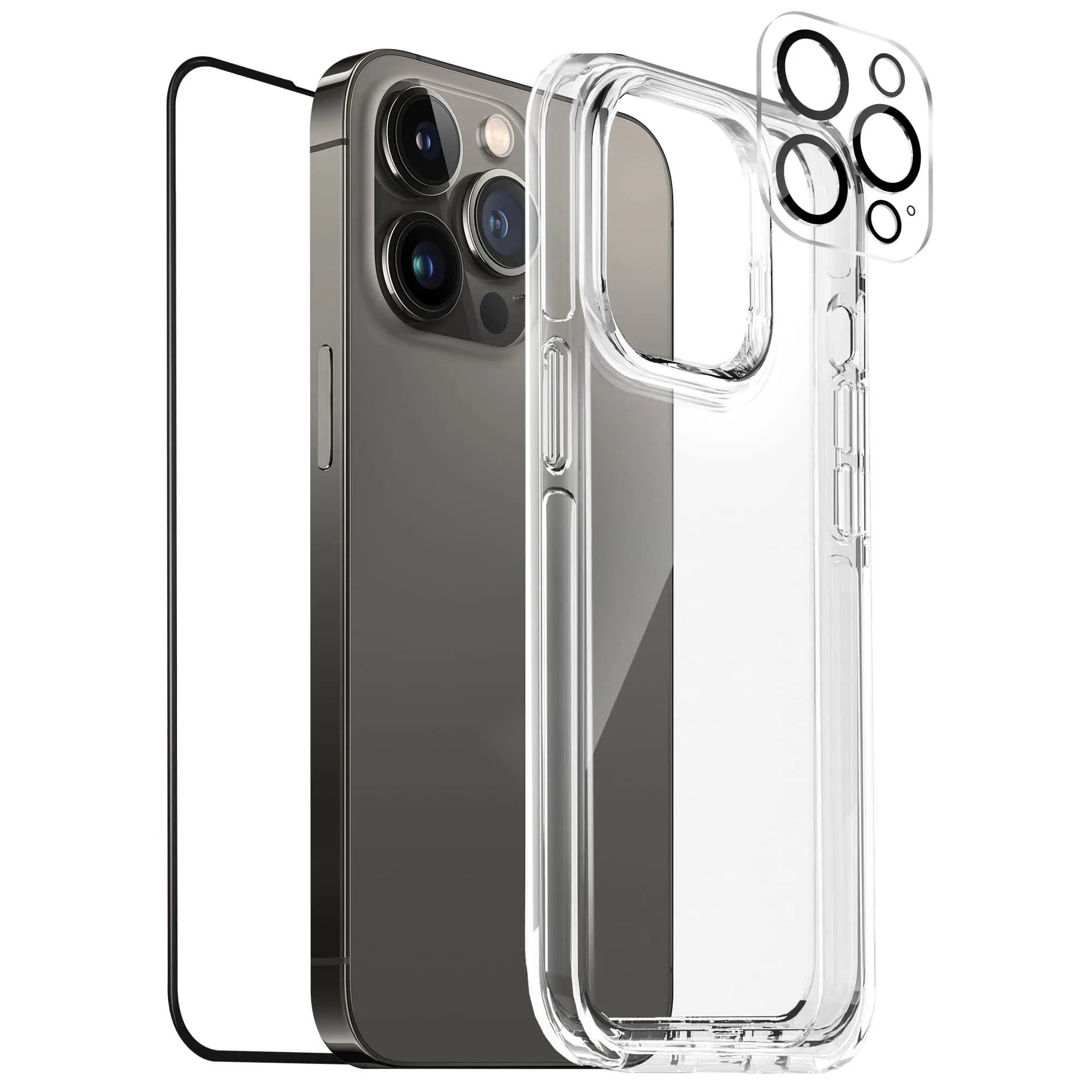 Moxedo 3 in 1 Protection Pack, Tempered Glass Screen Protector, Clear Case and Camera Lens Protector For iPhone 13 Pro Max (Clear) Moxedo