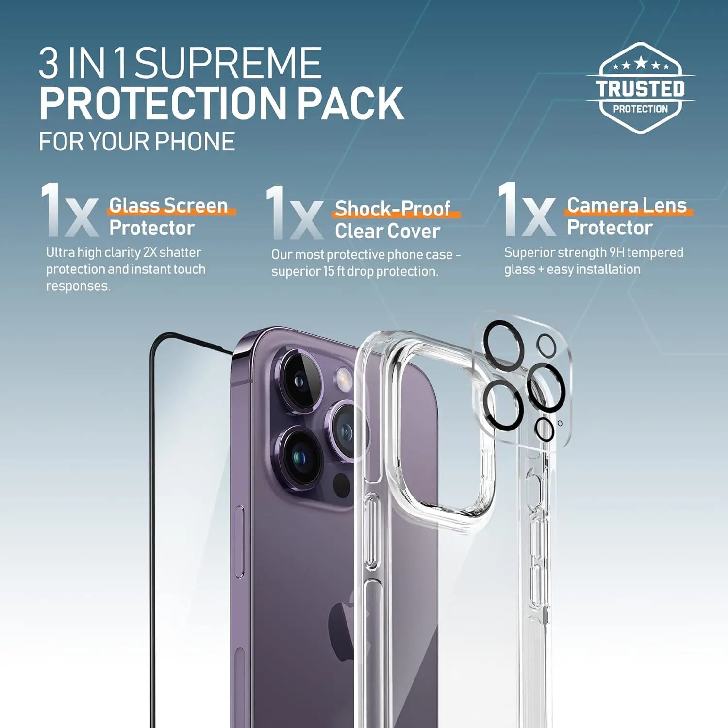 Moxedo 3 in 1 Protection Pack, Tempered Glass Screen Protector, Clear Case and Camera Lens Protector for iPhone 14 Pro Moxedo