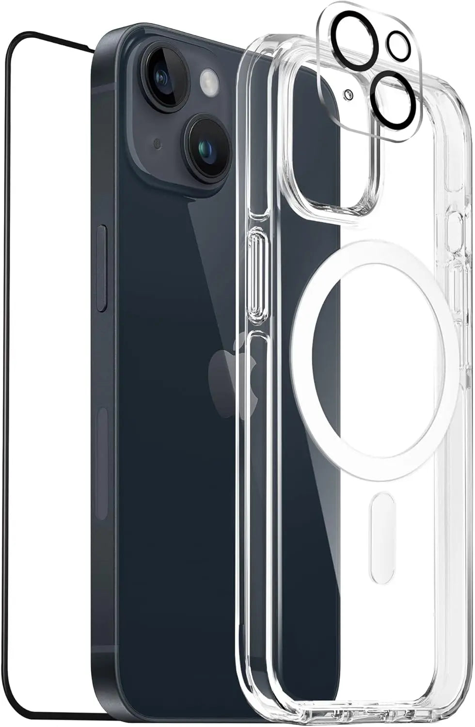 Moxedo 3 in 1 Protection Pack, Tempered Glass Screen Protector, Magnetic Clear Case and Camera Lens Protector Compatible For iPhone 14 Plus Moxedo