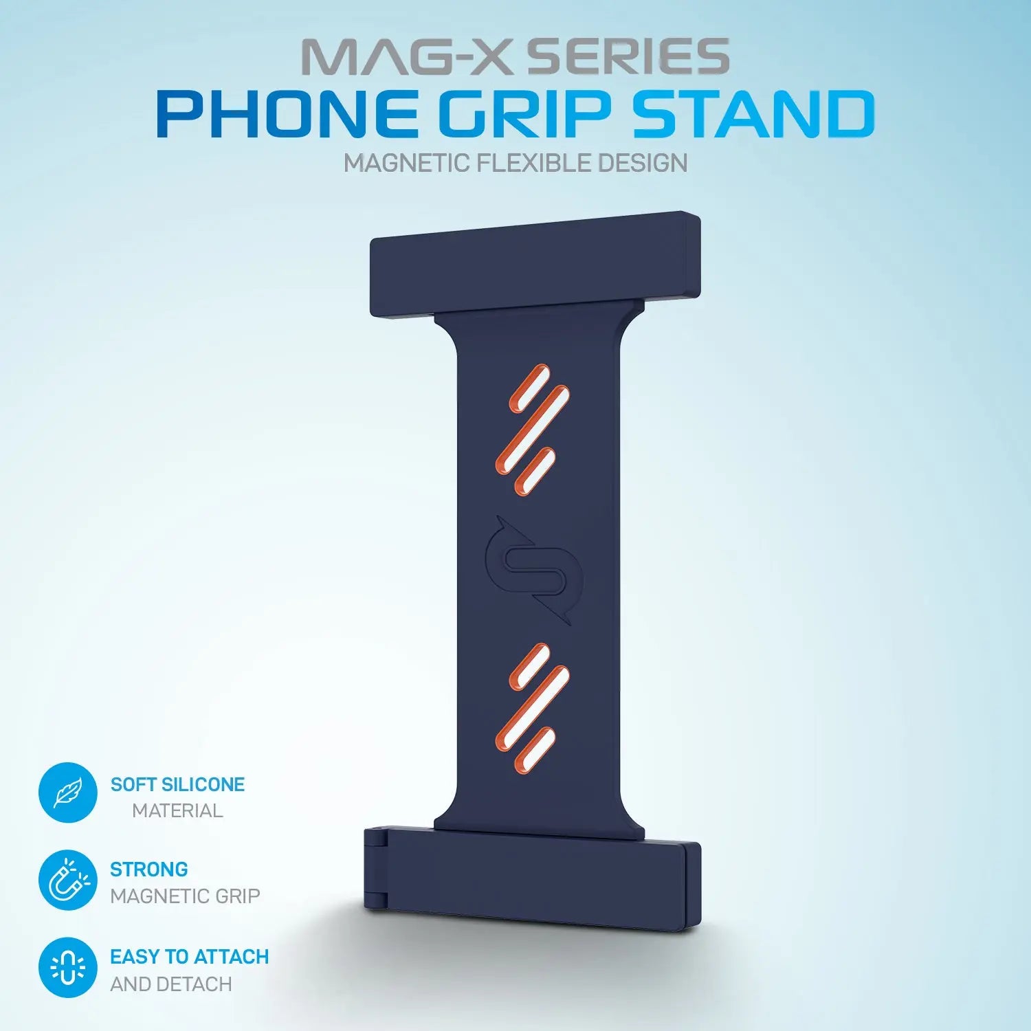 Remson Mag-X Phone Grip Strap with Magnetic Phone Kickstand - Navy Blue/Orange