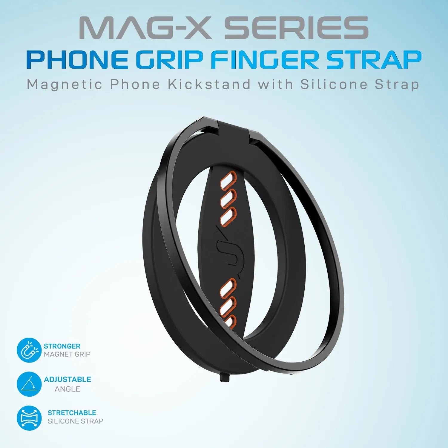 Remson Mag-X Phone Grip Finger Strap Magnetic Phone Kickstand with Silicone Strap Compatible for iPhone 14, 13 Pro/Max/Plus - Black/Orange