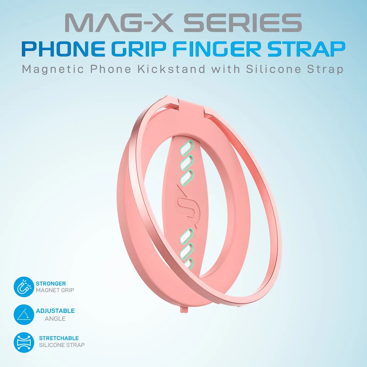 Remson Mag-X Phone Grip Finger Strap Magnetic Phone Kickstand with Silicone Strap Compatible for iPhone 14, 13 Pro/Max/Plus (Pink/Teal)