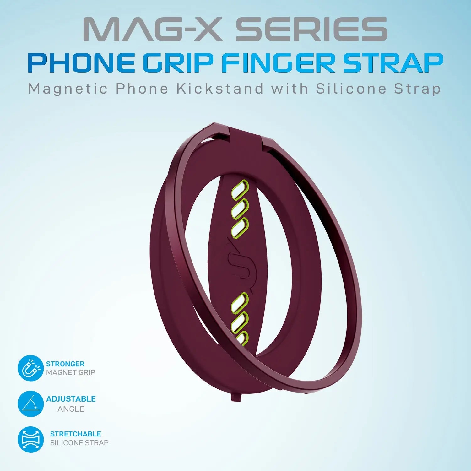 Magnetic Phone Kickstand with Silicone Strap Compatible for iPhone 14, 13 Pro/Max/Plus - Maroon/Neon Green