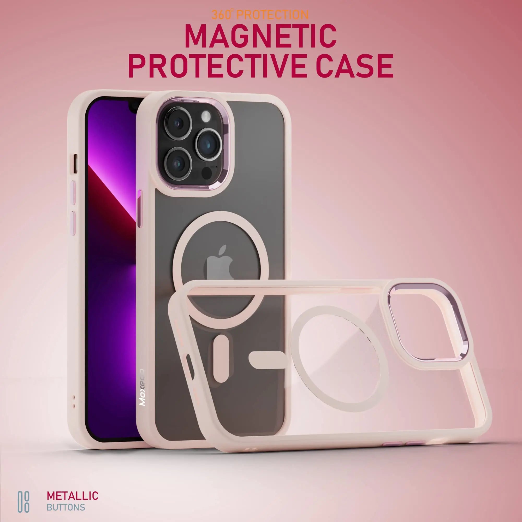 Moxedo Magnetic Protective Case 360 Protection Clear Case Hard PC with Built-in Strong Magnets Compatible with MagSafe Designed for iPhone 13 Pro Max 6.7 inch (Pink) Moxedo