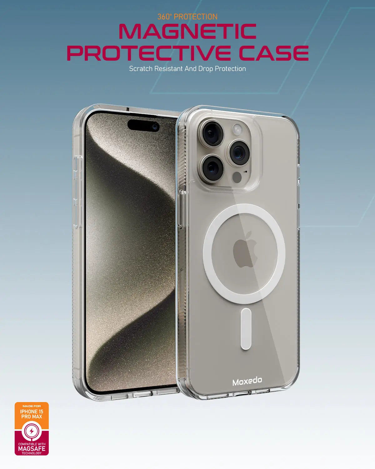 Moxedo Magnetic Protective Case 360 Protection Clear Case Hard PC with Built-in Strong Magnets for iPhone 15 Pro Max 6.7 inch - White