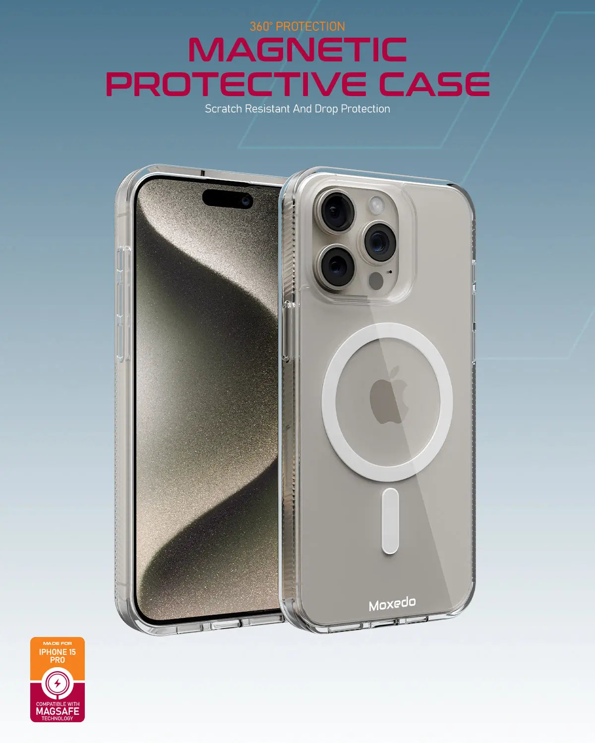 Moxedo Magnetic Protective Case 360 Protection Clear Case Hard PC with Built-in Strong Magnets for iPhone 15 Pro 6.1 inch - White