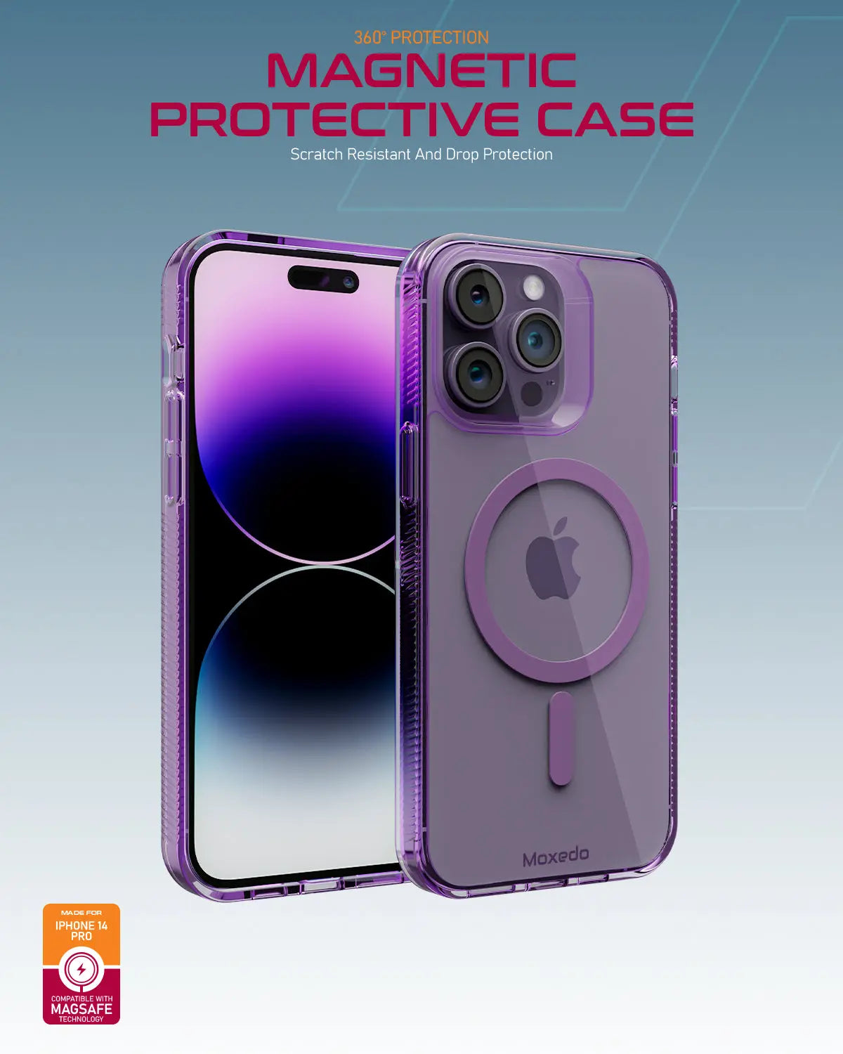 Moxedo Magnetic Protective Case 360 Protection Clear Case Hard PC with Built-in Strong Magnets for iPhone 14 Pro 6.1 inch (Purple)