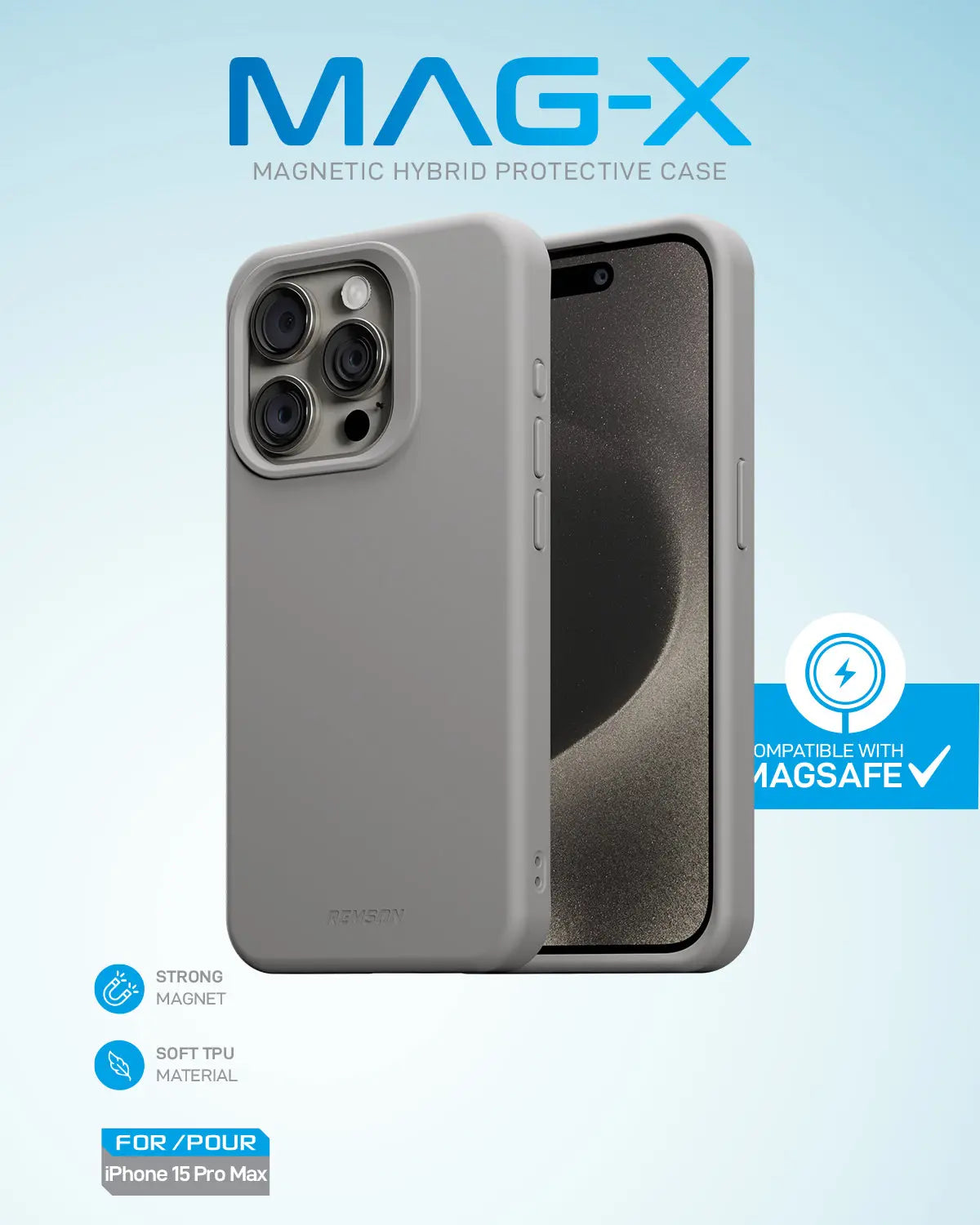 Remson Mag-X Magnetic Hybrid Protective Silicone Case Military Grade Protection Compatible for iPhone 15 Pro Max 6.7 inches - Stone Grey