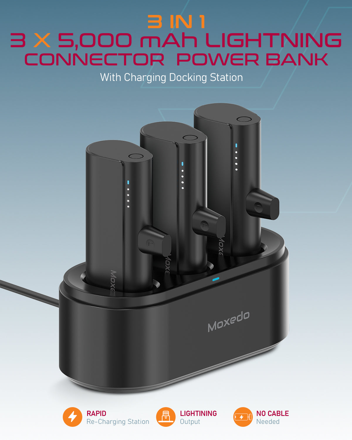 MOXEDO 3 in 1 5000mAh powerbank for iPhone 