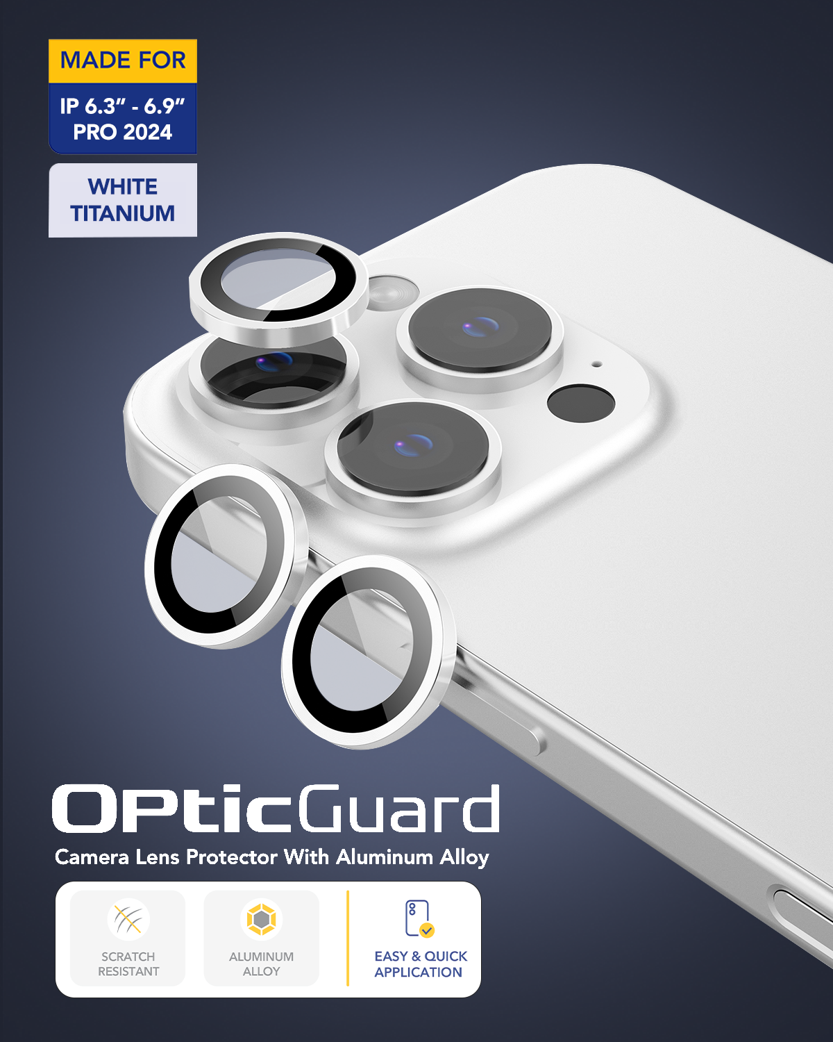 واقي عدسة الكاميرا Remson Optic Guard المقاوم للخدش مع حلقة من سبائك الألومنيوم متوافق مع iPhone 16 Pro مقاس 6.3 بوصة / iPhone 16 Pro Max مقاس 6.9 بوصة 2024- (تيتانيوم أبيض)