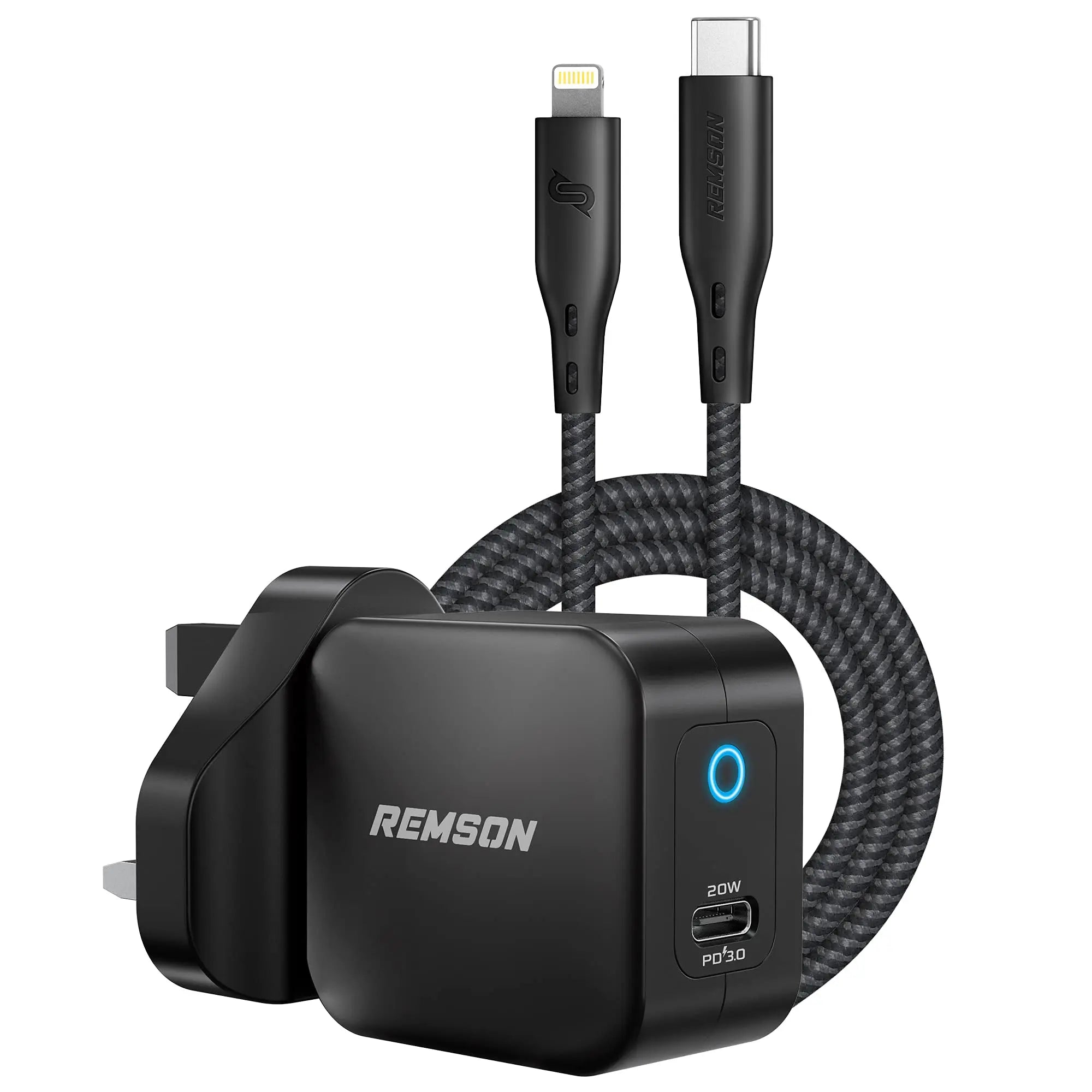 【Apple MFi Certified】Remson Duo Pack iPhone 20W PD Wall Charger with MFi USB-C to Lightning Cable Charging Adapter - Black