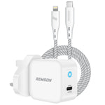 (معتمد من Apple MFi) شاحن حائط Remson Duo Pack PD بقدرة 20 وات لهاتف iPhone مع محول شحن MFi USB-C إلى كابل Lightning - أبيض