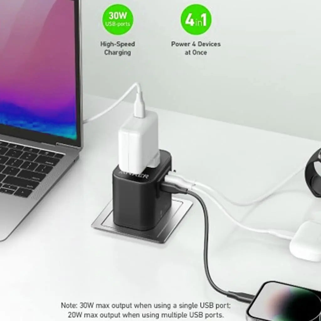 Anker 312 PowerExtend 4 in 1 (30W) Wall Charger with Travel Plug, 1-Ports USB-C, 2-Ports USB-A, Wall Plug, Outlet Extender - Black