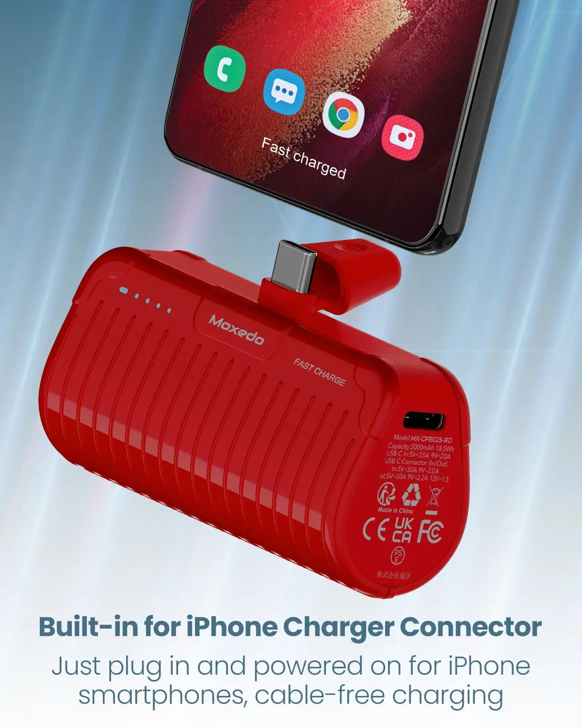 Moxedo Capsule 5000 mAh Mini Power Bank 20W Portable Charger Built-in USB-C Connector with Kickstand (Red) Moxedo