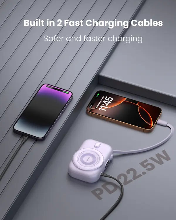 Moxedo Snap-On Wireless Charging Power Bank 8000mAh 15W PD Fast Charging Portable Charger with Built-in USB-C Cable - Purple Moxedo